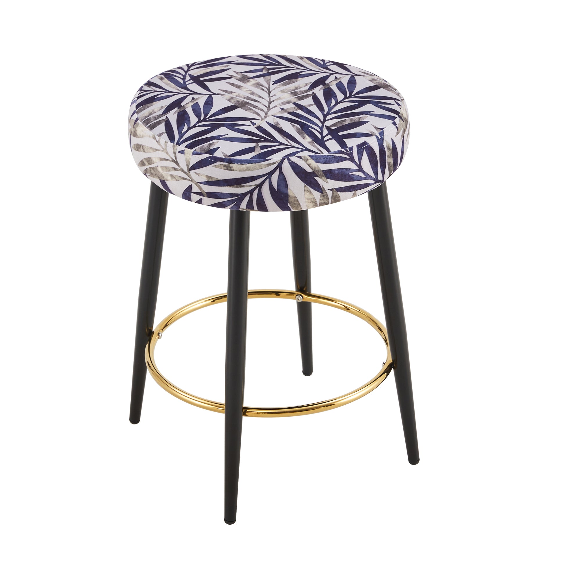 Counter Height Bar Stools Set Of 2, Pu Kitchen Stools Upholstered Dining Chair Stools 24 Inches Height With Golden Footrest For Kitchen Island Coffee Shop Bar Home Balcony Silver Leaves Velvet Cushion Alloy Steel Black And Silver Kitchen Foam Dry Clean
