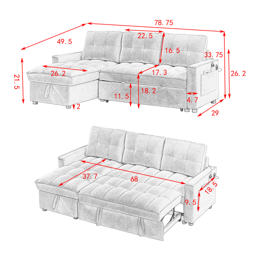 Mh 78.75" Reclining Sofa, Pull Out Sofa Bed With Usb And Tape C Charging Ports, L Shaped Sectional Sofa With Reclining Storage And Arm Side Organizer Pocket Features, Living Room Comfort Sofa Black Chenille Wood Primary Living Space Eucalyptus Foam