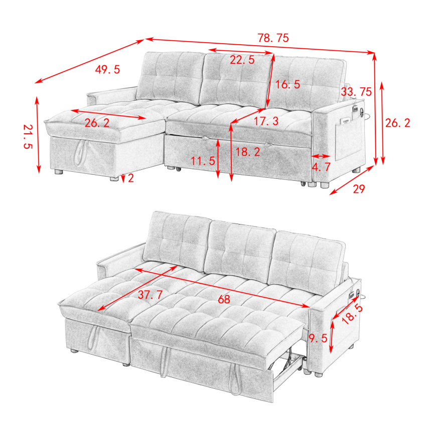 Mh 78.75" Reclining Sofa, Pull Out Sofa Bed With Usb And Tape C Charging Ports, L Shaped Sectional Sofa With Reclining Storage And Arm Side Organizer Pocket Features, Living Room Comfort Sofa Beige