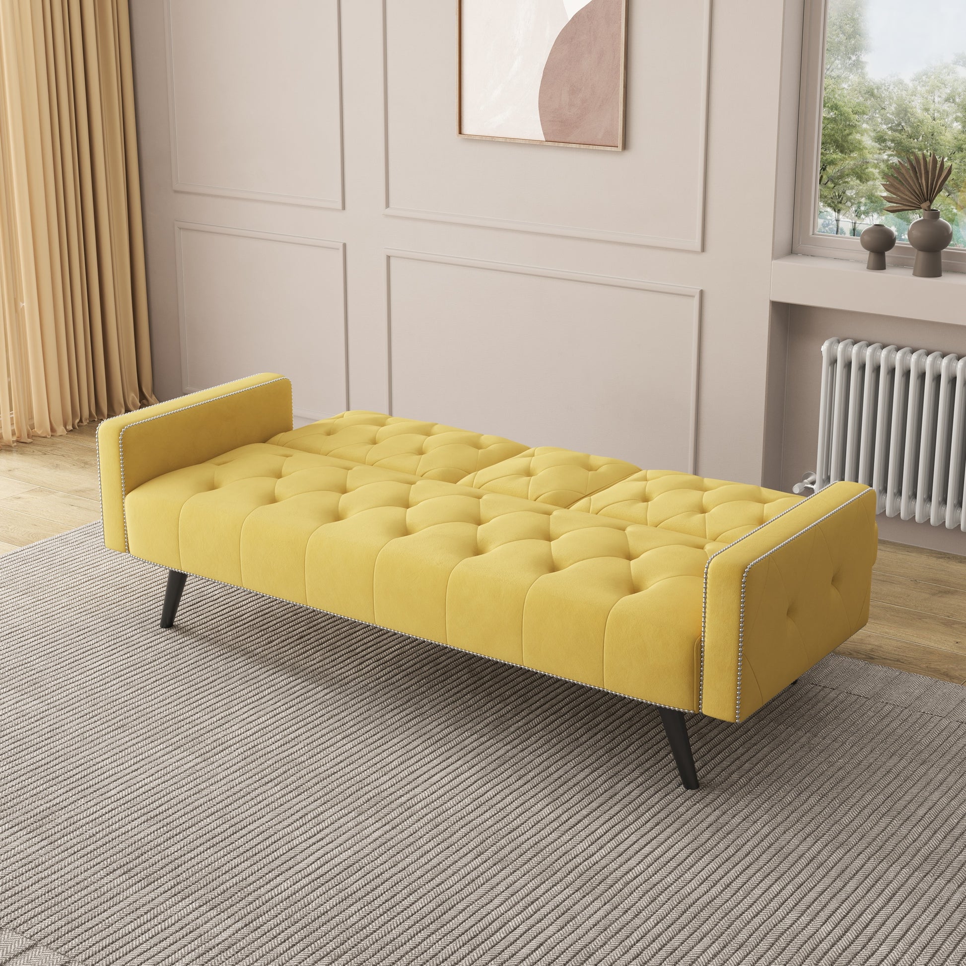 1730 Sofa Bed Armrest With Nail Head Trim With Two Cup Holders 72" Yellow Velvet Sofa For Small Spaces Yellow Velvet