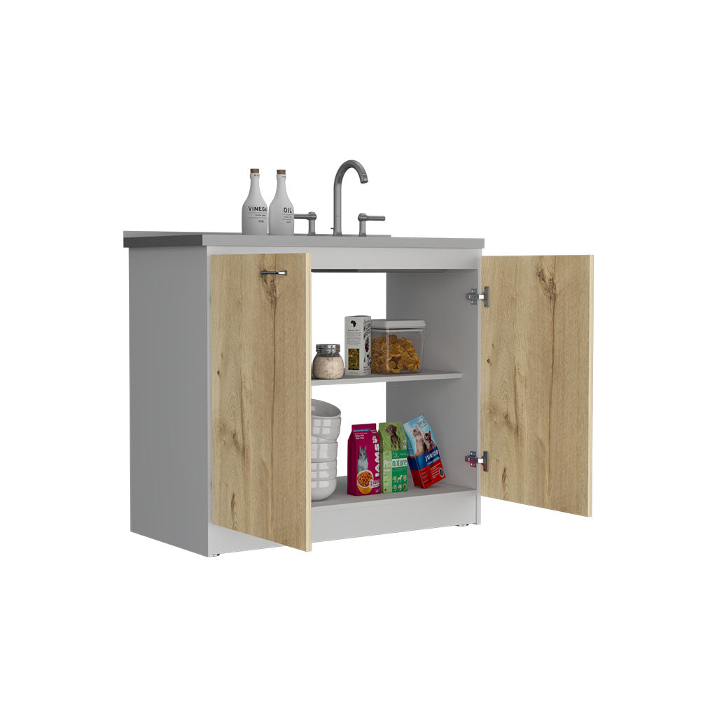 Napoles Utility Sink With Cabinet, One Shelf, Double Door Cabinet White Light Oak Freestanding Multicolor Kitchen Shelves Included Modern Particle Board Particle Board