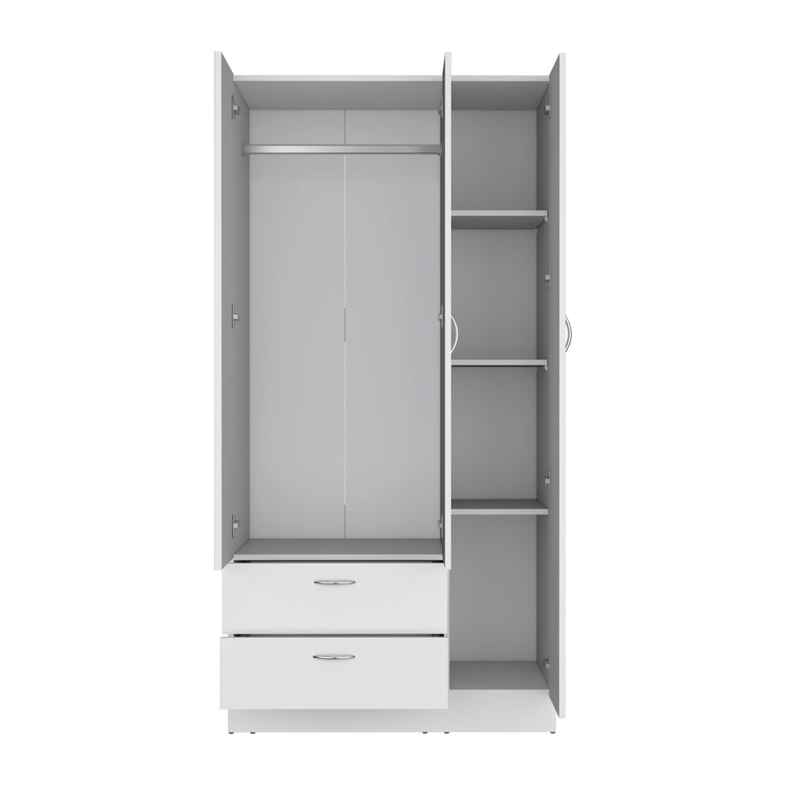 Wardrobe With 3 Doors, One With Mirror, Two Drawers, Four Shelves And Hanging Bar,White White Particle Board Particle Board