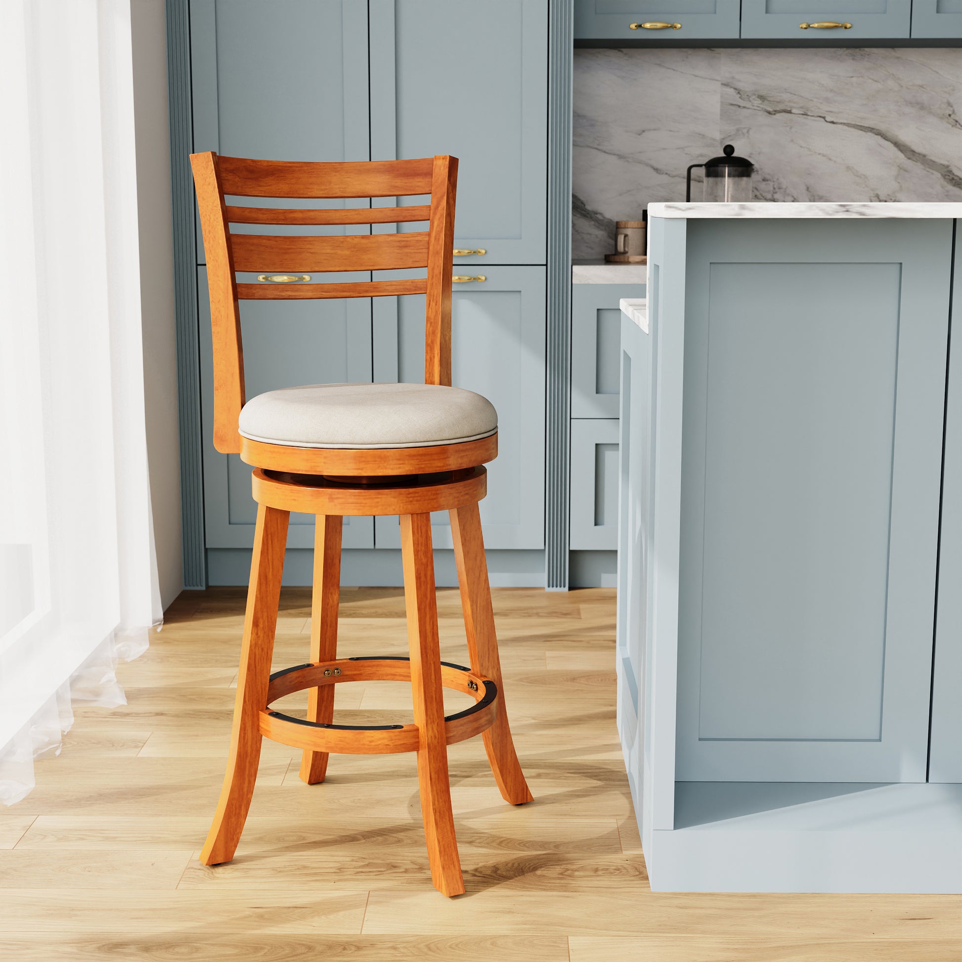 30" Bar Height Slat Back Swivel Stool, Natural Finish, Beige Fabric Seat Natural Fabric