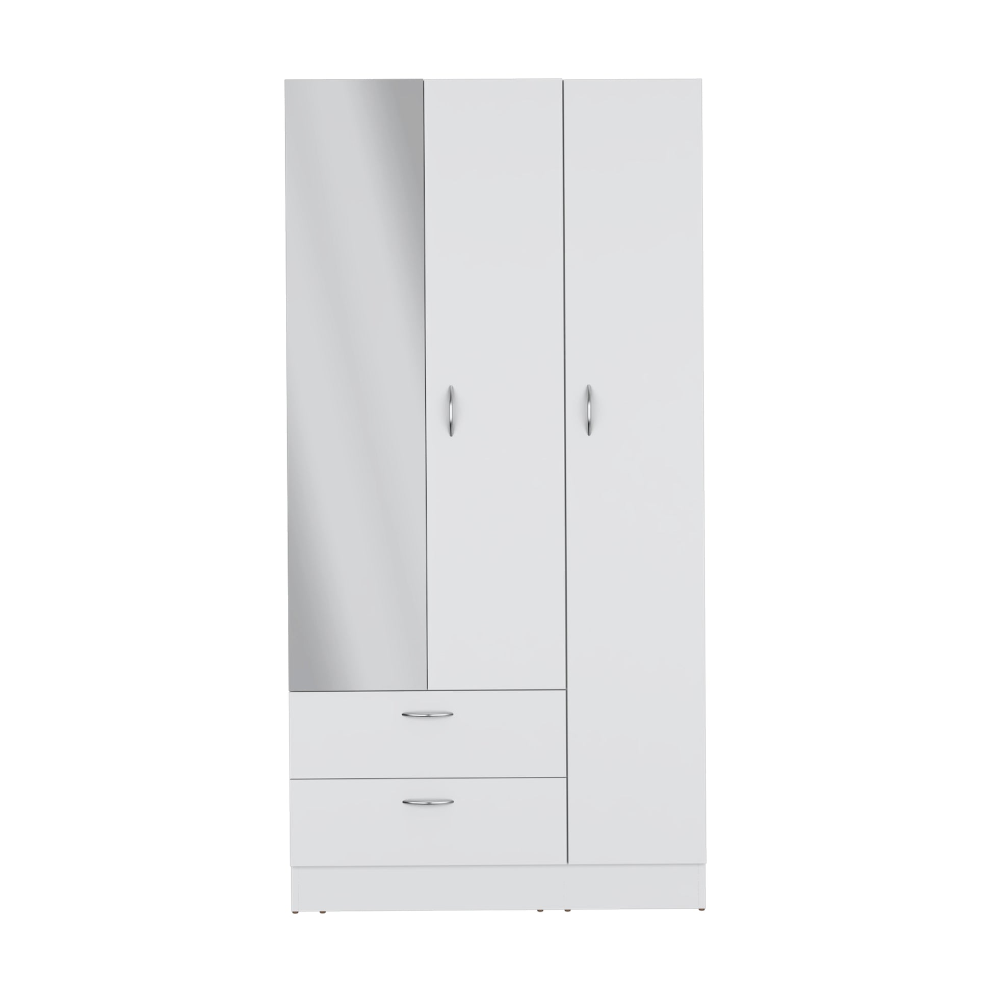 Riverside 3 Door Mirrored Armoire With Two Drawers, Four Shelves, And Hanging Rod White White Particle Board