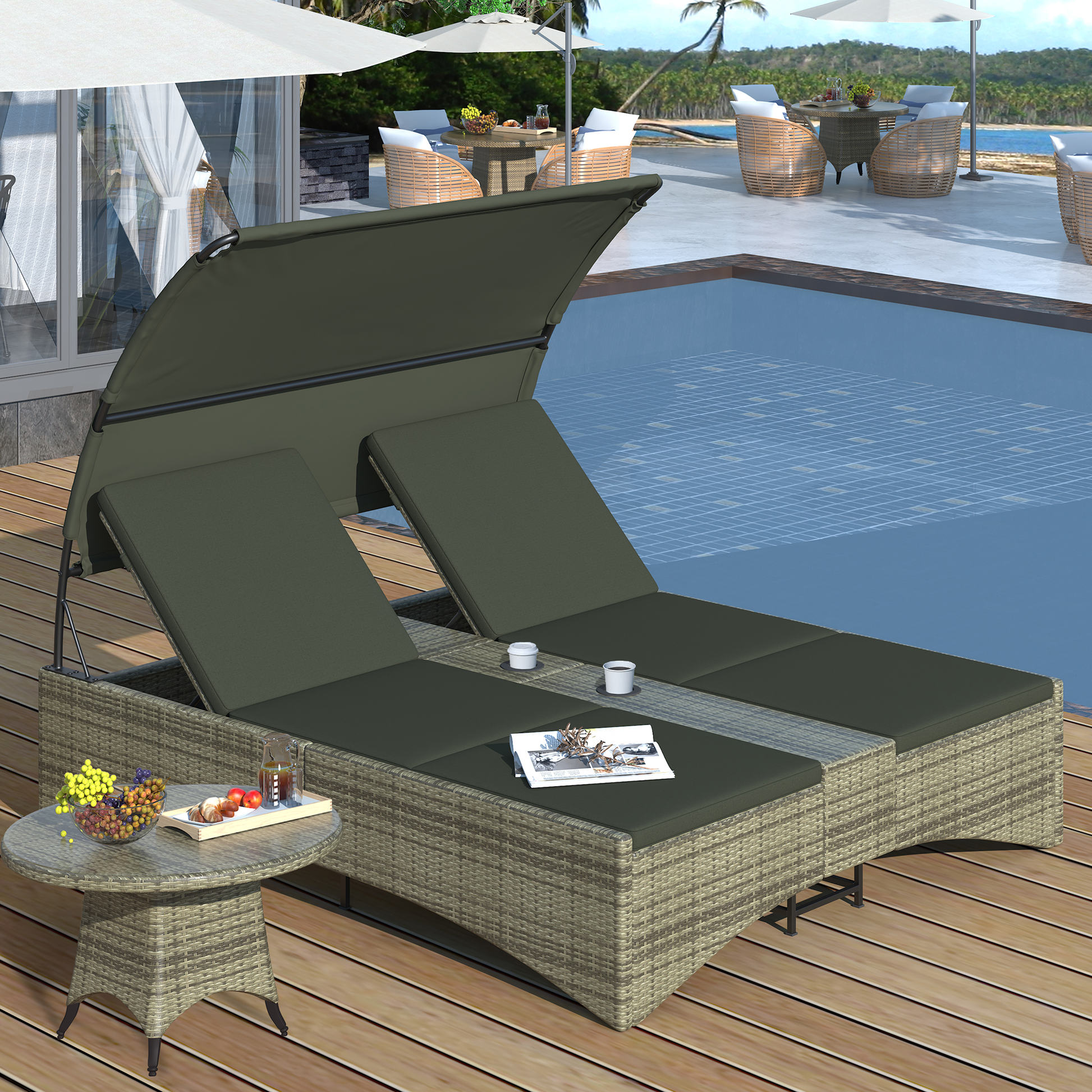 Patio Daybed Outdoor Daybed Outdoor Rattan Sun Lounger With Shelter Roof With Adjustable Backrest, Storage Box And 2 Cup Holders For Patio, Balcony, Poolside,Grey Yes Grey Seats 2 Water Resistant Frame Water Resistant Cushion Garden & Outdoor Sectional
