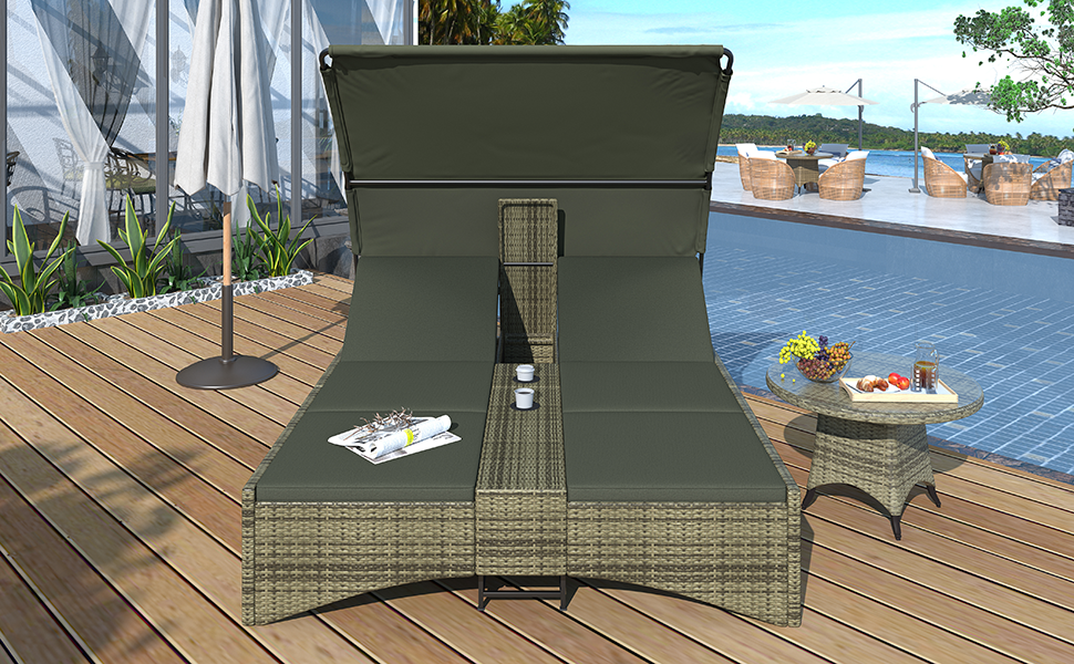 Patio Daybed Outdoor Daybed Outdoor Rattan Sun Lounger With Shelter Roof With Adjustable Backrest, Storage Box And 2 Cup Holders For Patio, Balcony, Poolside,Grey Yes Grey Seats 2 Water Resistant Frame Water Resistant Cushion Garden & Outdoor Sectional
