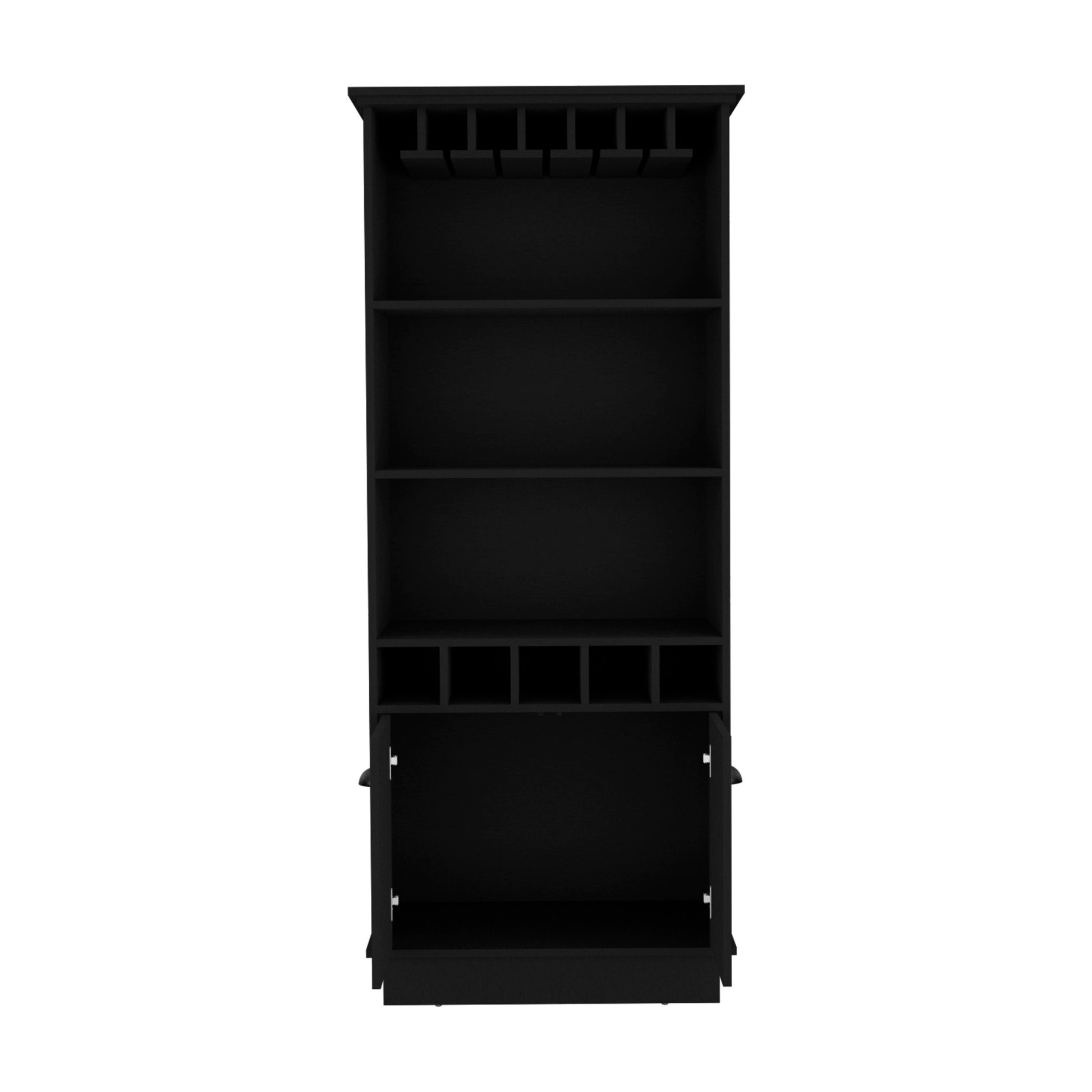 70"H Bar Cabinet With Wine Rack, Upper Glass Cabinet, Three Open Storage Shelves And One Cabinet,Black Black Particle Board Particle Board