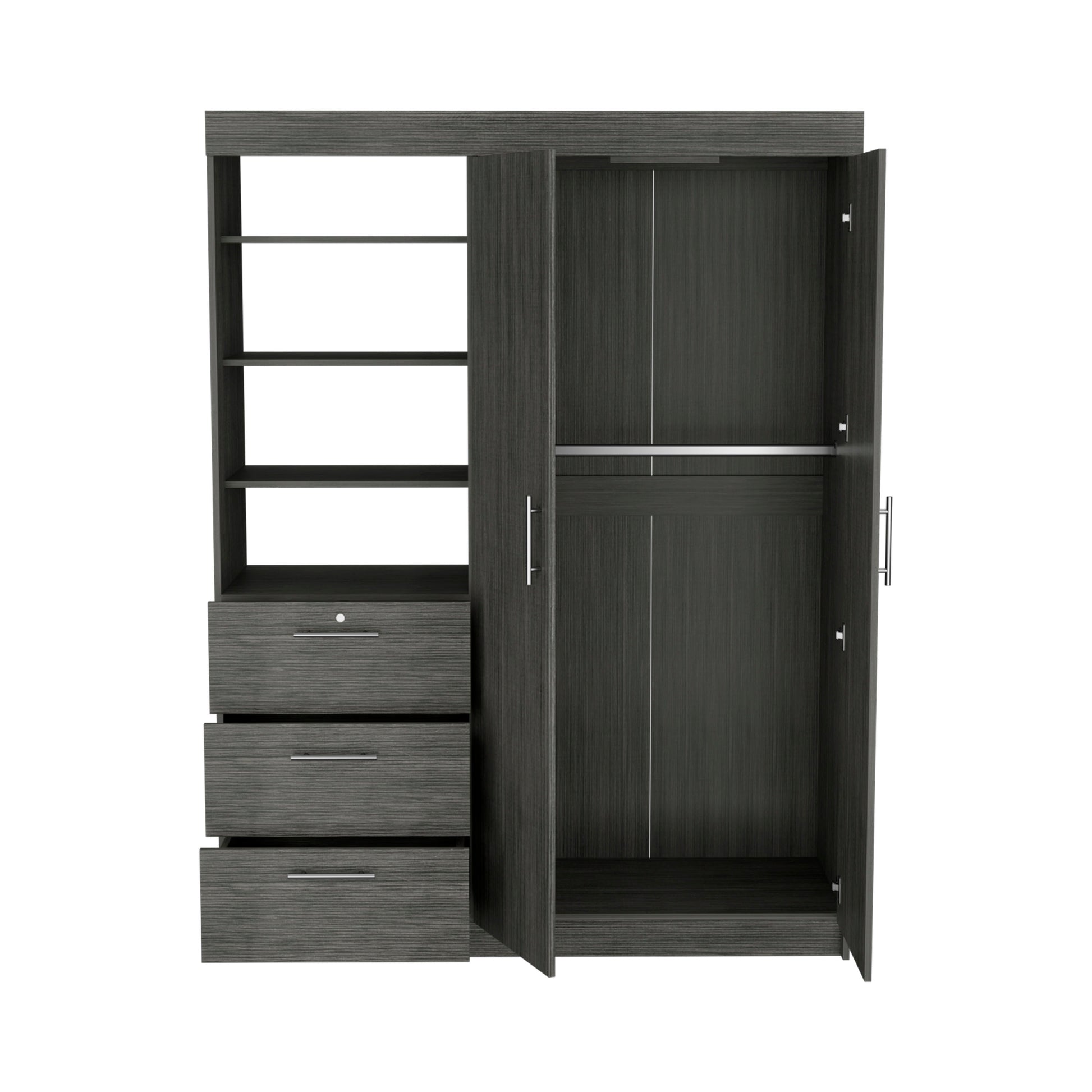 Kenya 3 Drawers Armoire, Double Door, 3 Tier Shelf Smokey Oak Smoke Grey Bedroom Modern Particle Board