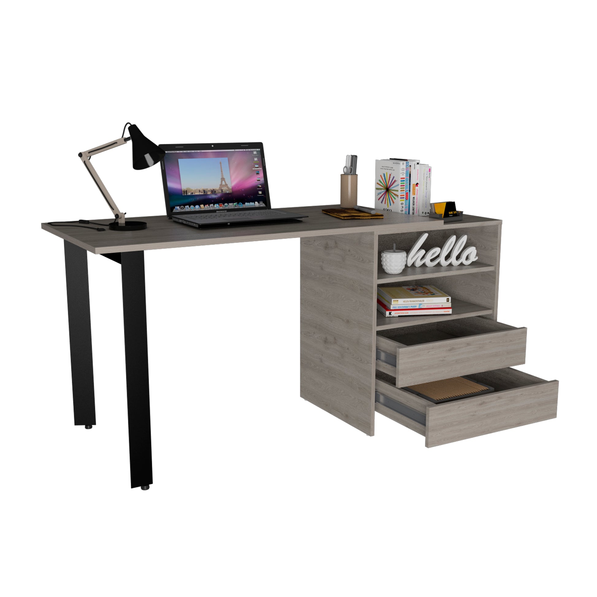 Malaui 120 Desk, Two Legs, Two Drawers, Two Shelves Light Gray Gray Computer Desk Office Modern Freestanding Rectangular Shelves Desk Rectangular Particle Board Particle Board