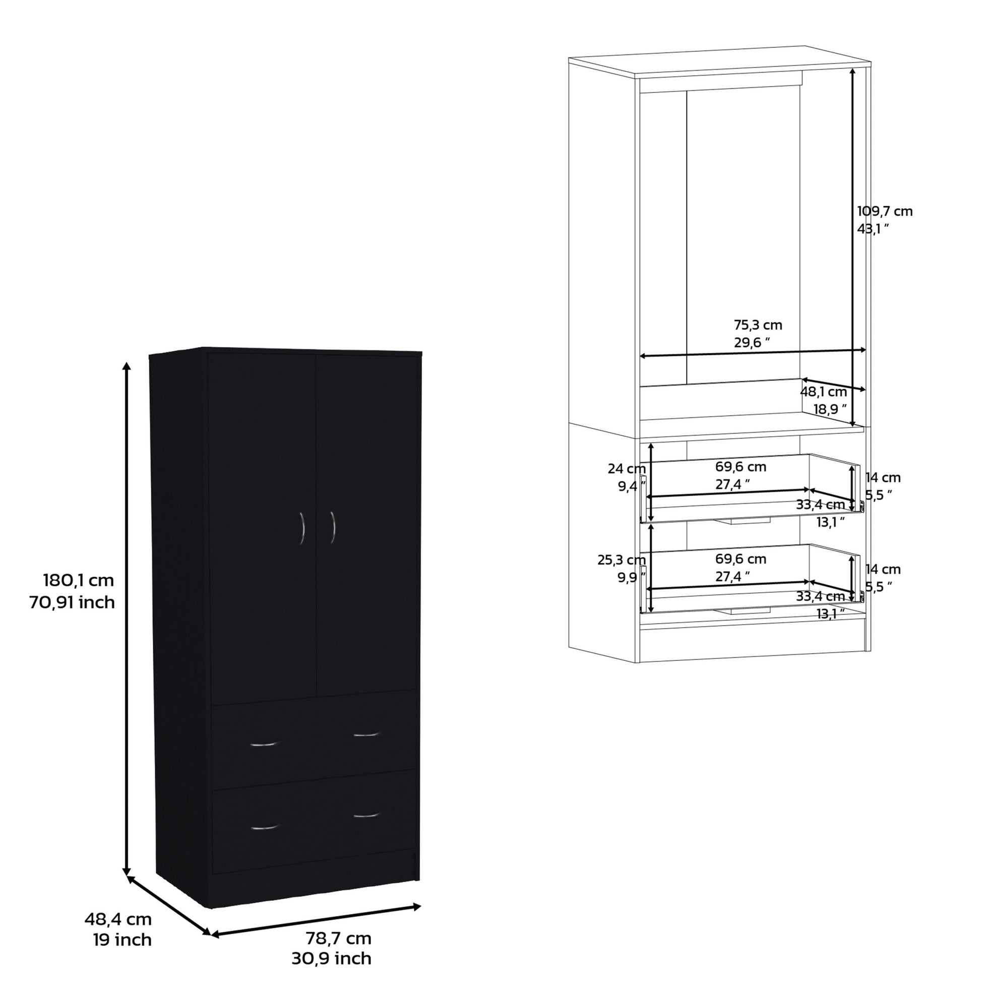 71" H Armoire With Two Doors, Two Drawers, And Hanging Rod,Black Black Particle Board Particle Board