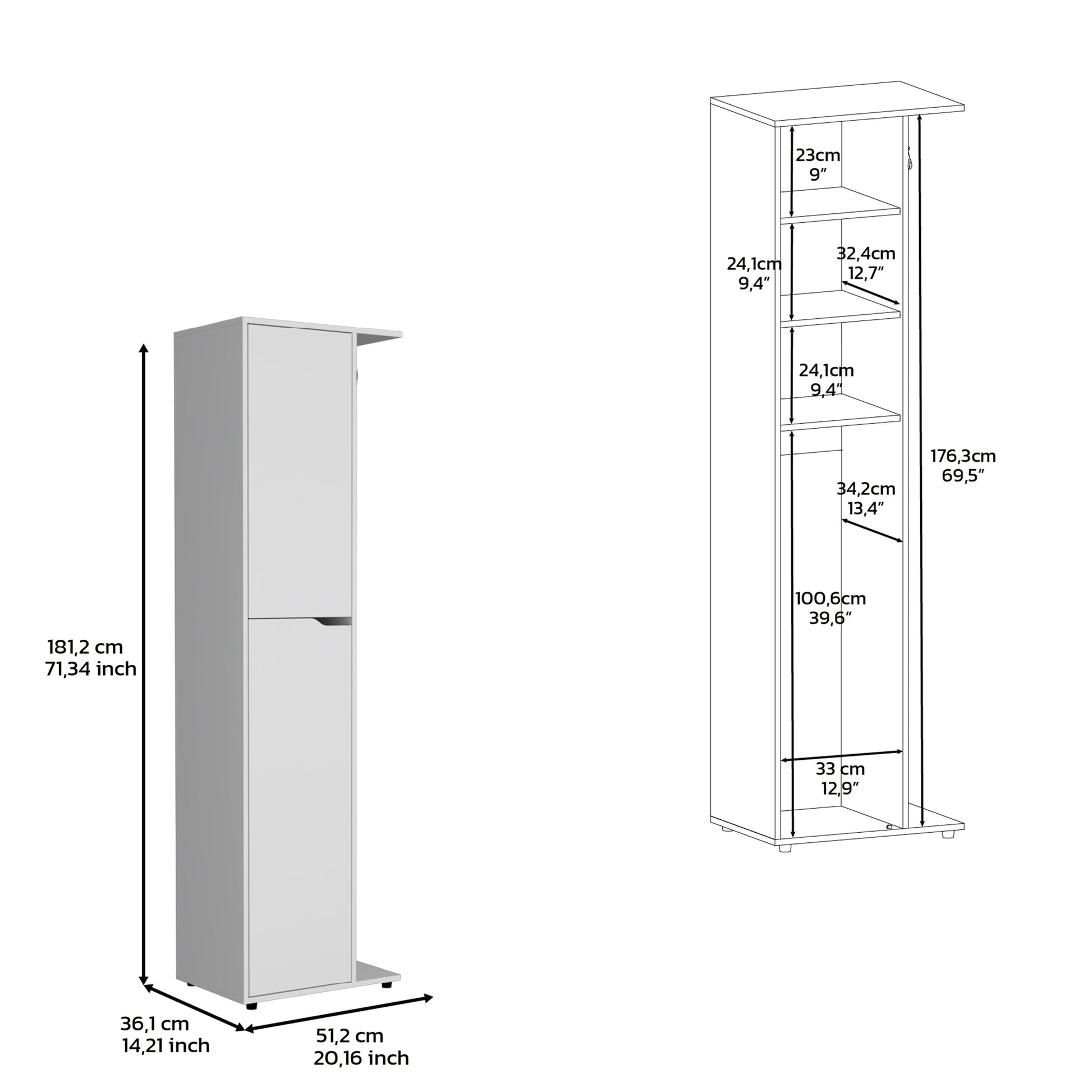 71.3" H Broom Storage Closet With One Door, Four Shelves And Broom And Mop Holder,White White Particle Board Particle Board