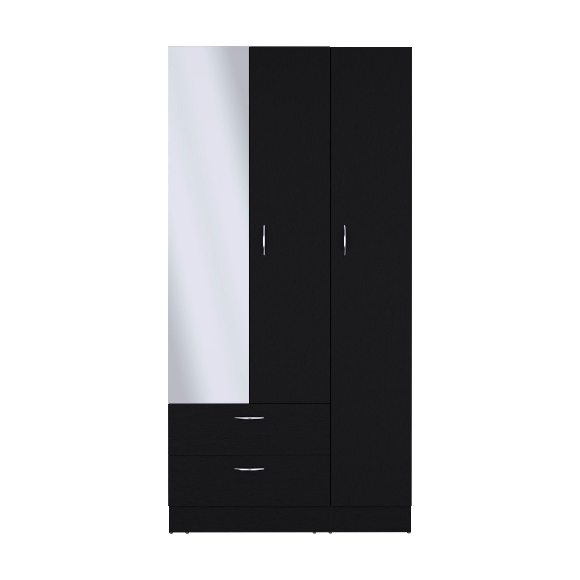 Riverside 3 Door Mirrored Armoire With Two Drawers, Four Shelves, And Hanging Rod Black Black Particle Board