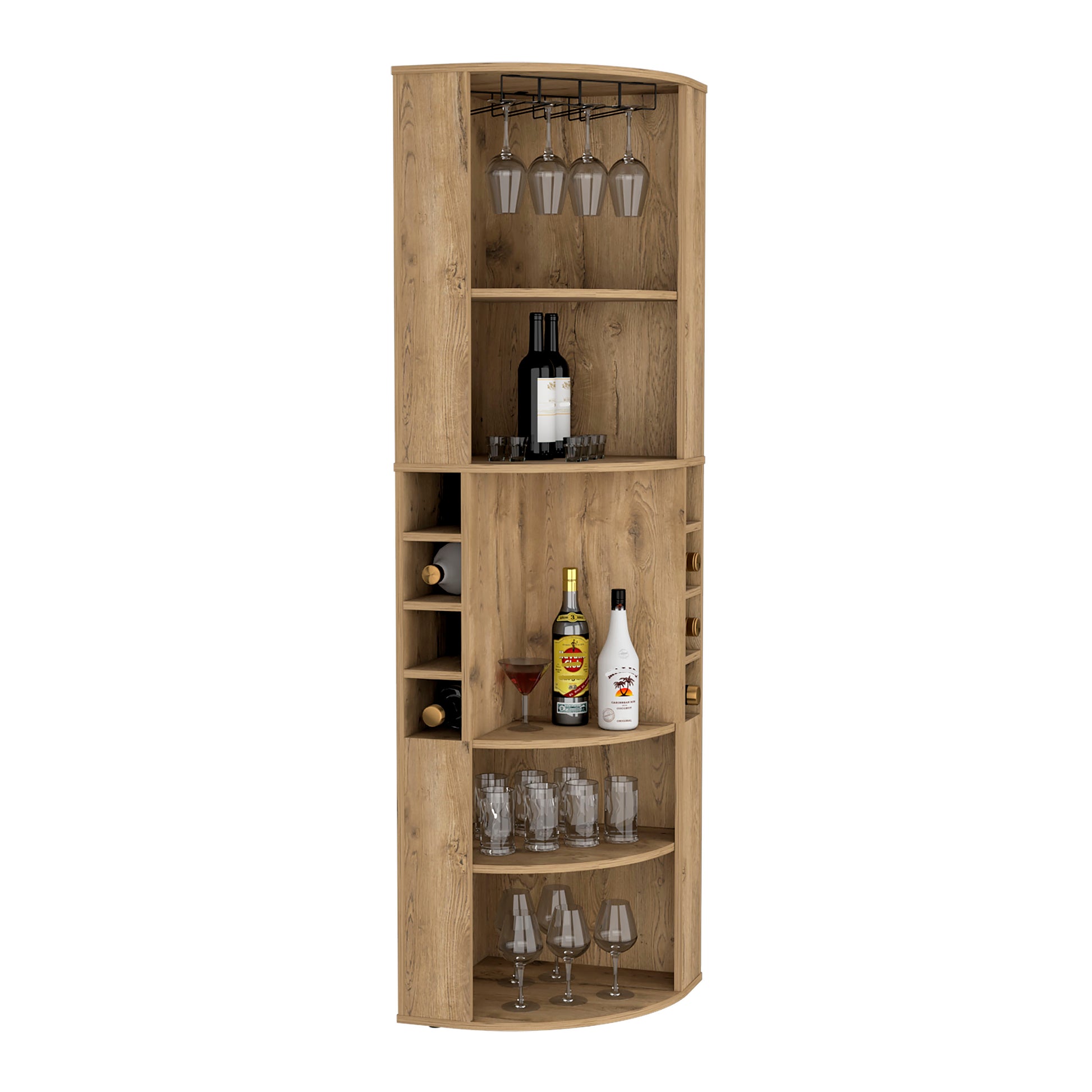 71" Corner Bar Cabinet With Five Shelves, Eight Bottle Cubbies And Stemware,Macadamia Beige Primary Living Space Particle Board Particle Board