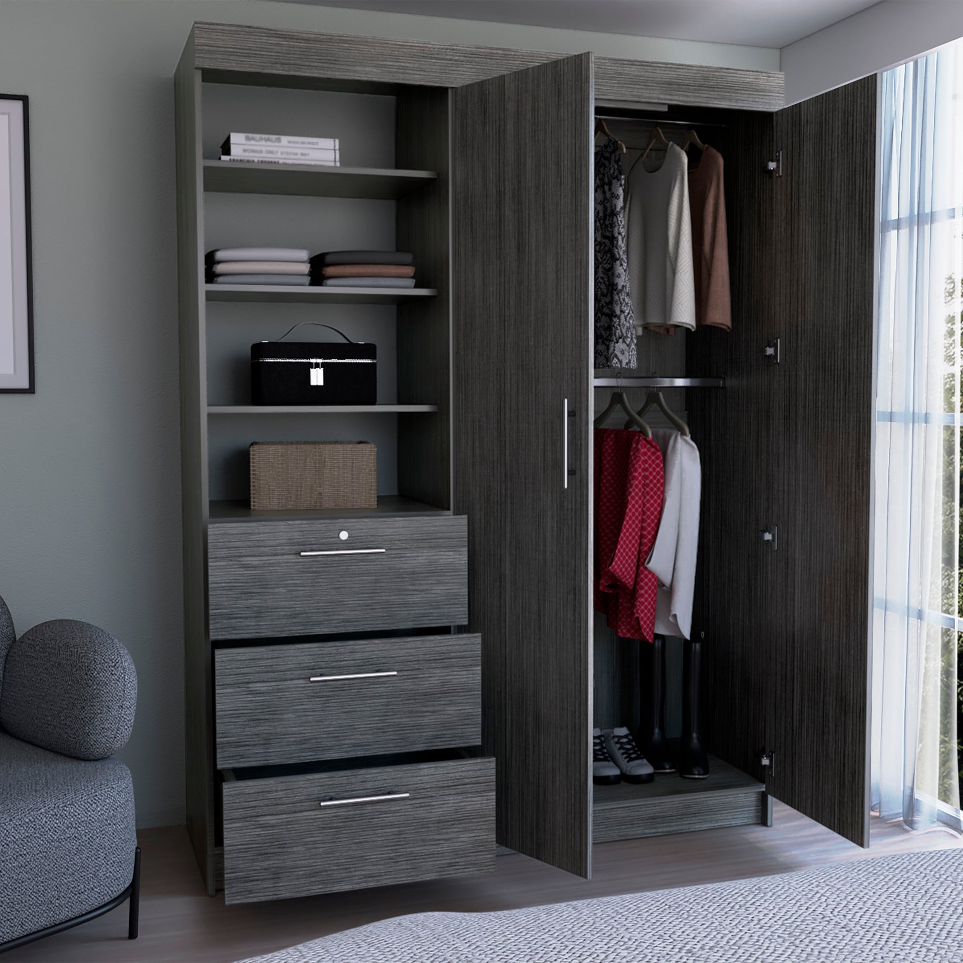 Kenya 3 Drawers Armoire, Double Door, 3 Tier Shelf Smokey Oak Smoke Grey Bedroom Modern Particle Board