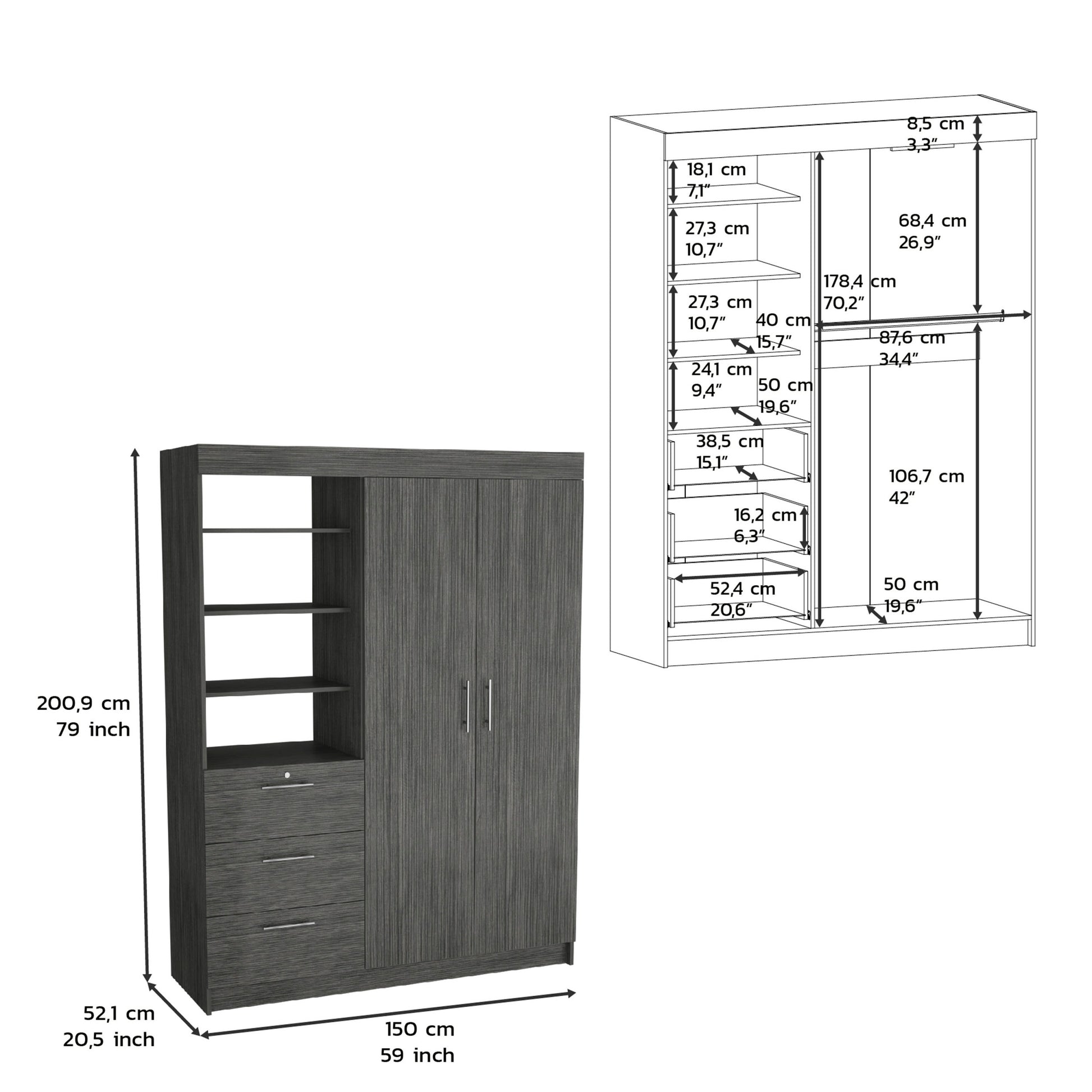 3 Tier Shelf And Drawers Armoire With Metal Handles, Smokey Oak Oak Particle Board Particle Board