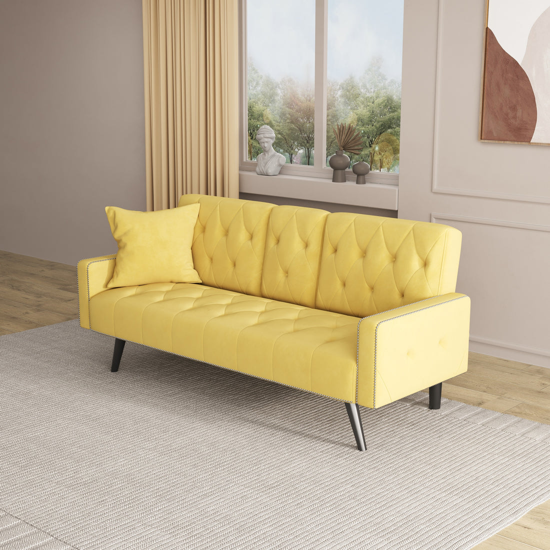 1730 Sofa Bed Armrest With Nail Head Trim With Two Cup Holders 72" Yellow Velvet Sofa For Small Spaces Yellow Velvet