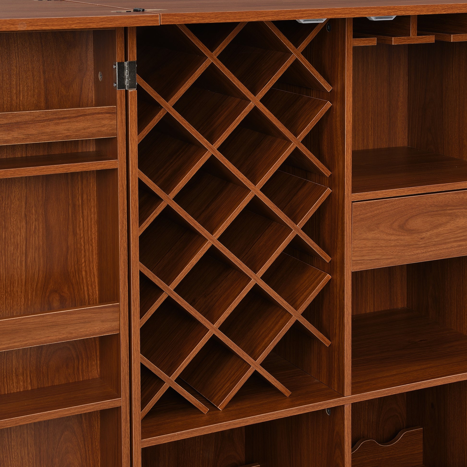 41.9" Home Bar Cabinet, Industrial Walnut Rattan Door Fold Out Bar Cabinet With Storage Bar Table Walnut Dining Room Modern Mdf
