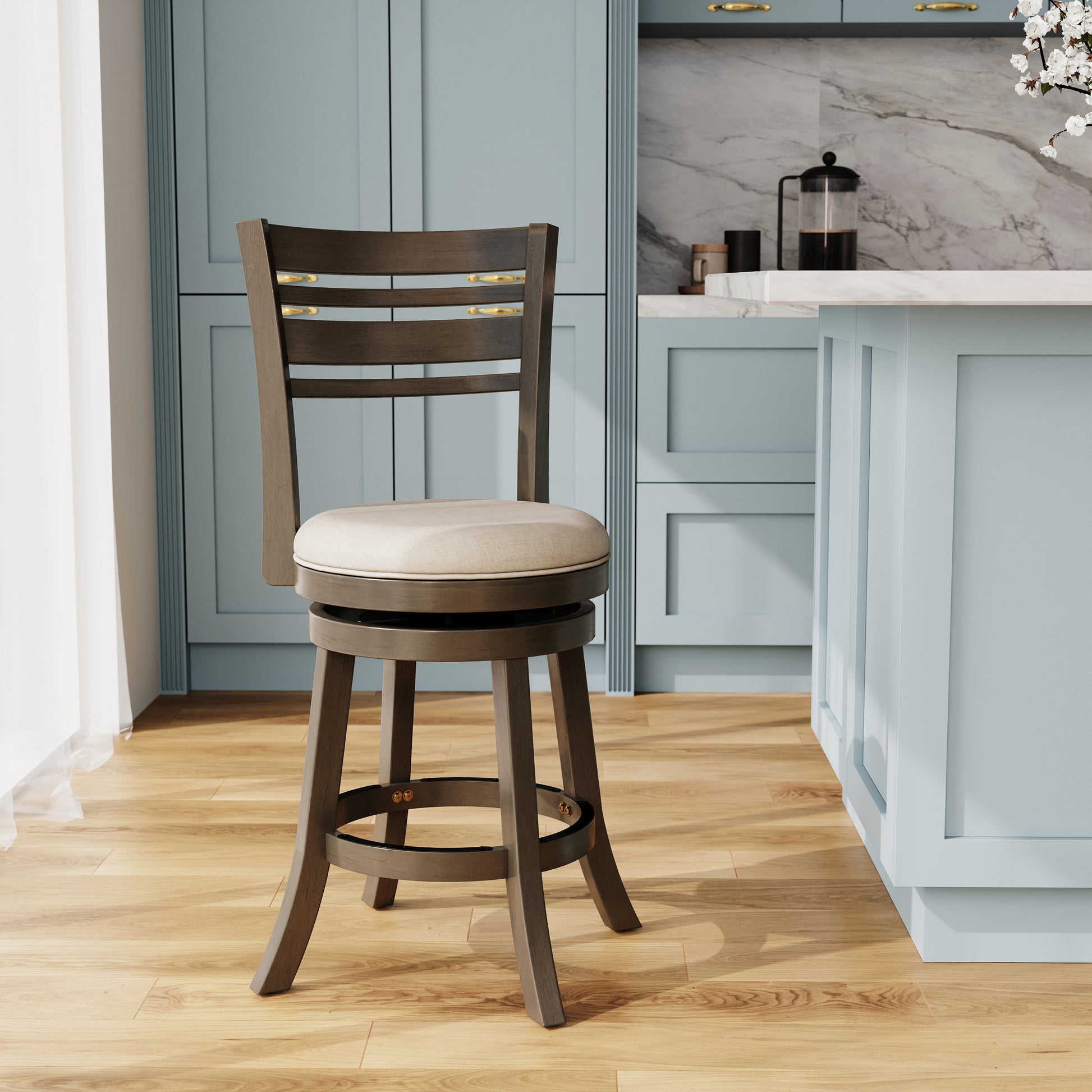 24" Counter Height Slat Back Swivel Stool, Weathered Gray Finish, Beige Fabric Seat Gray Fabric