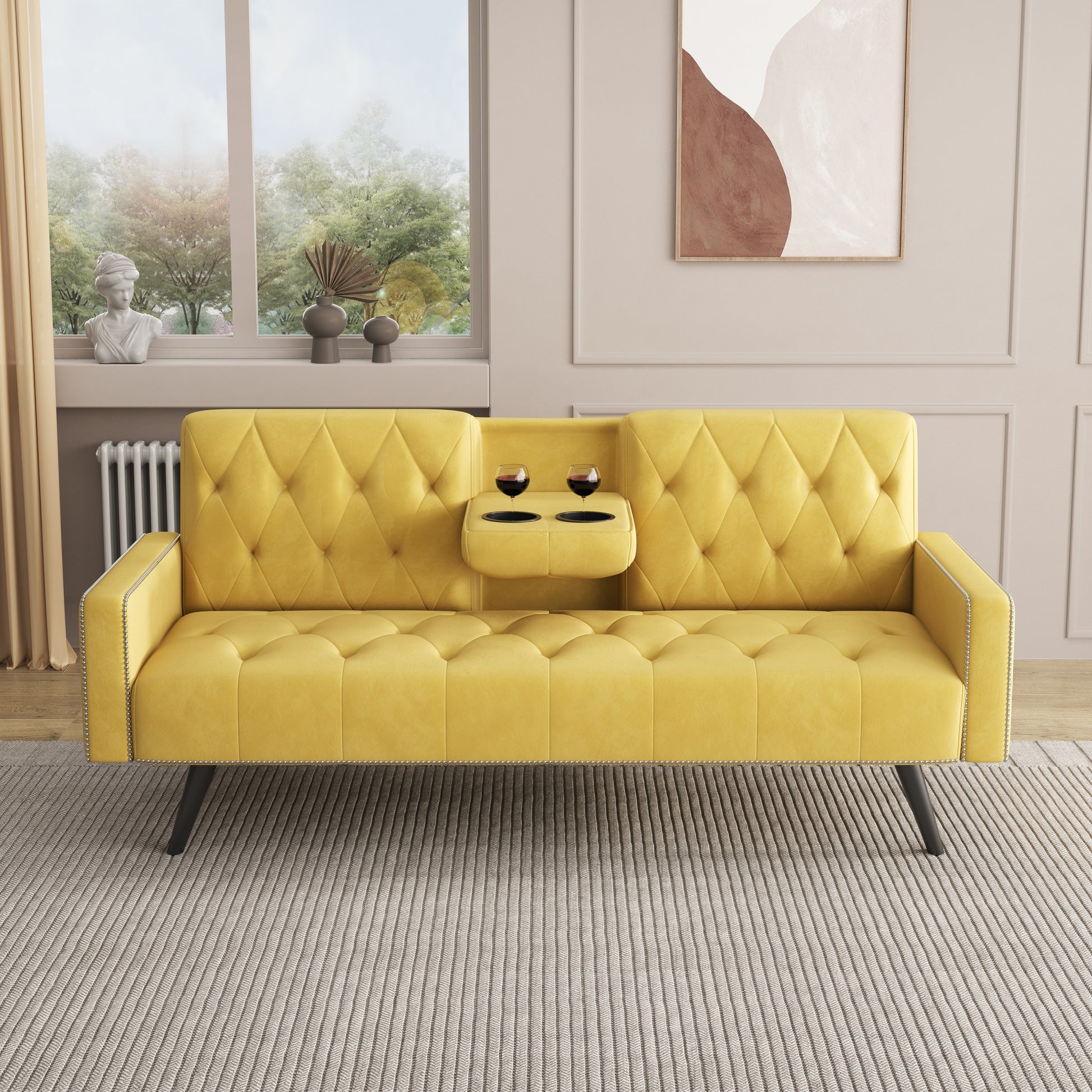 1730 Sofa Bed Armrest With Nail Head Trim With Two Cup Holders 72" Yellow Velvet Sofa For Small Spaces Yellow Velvet