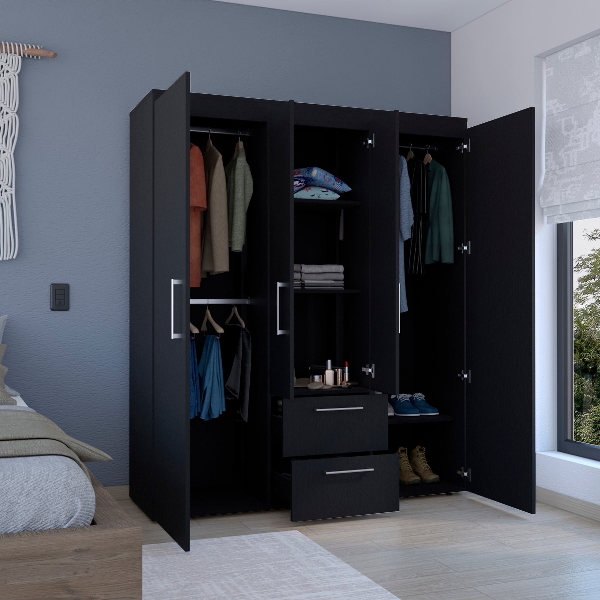 Bariloche Wardrobe, Multi Section Storage With Hanging Rods, Shelves, And 2 Drawers Black Black Bedroom Modern Particle Board