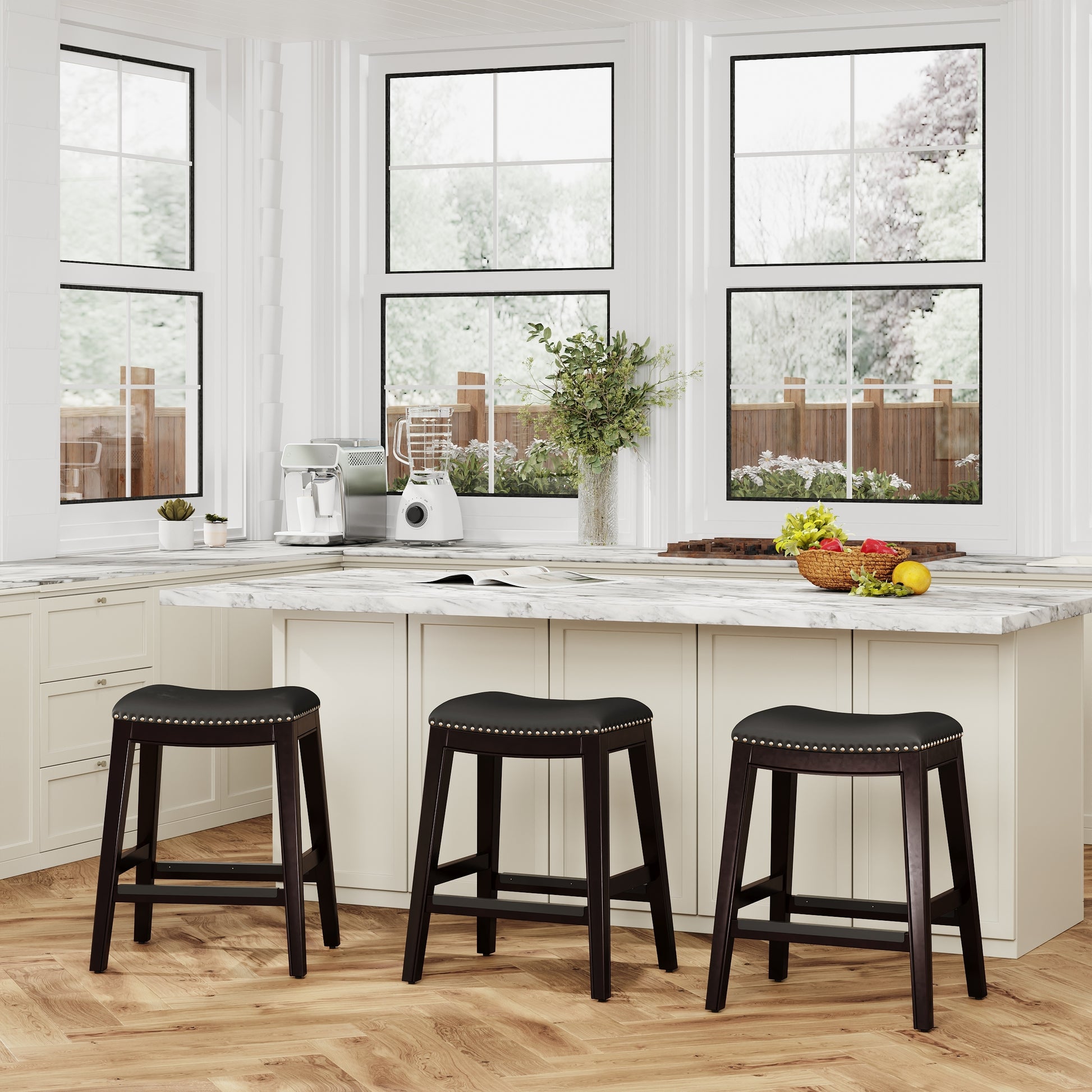 24" Counter Stool, Espresso Finish, Black Leather Seat Espresso Bonded Leather