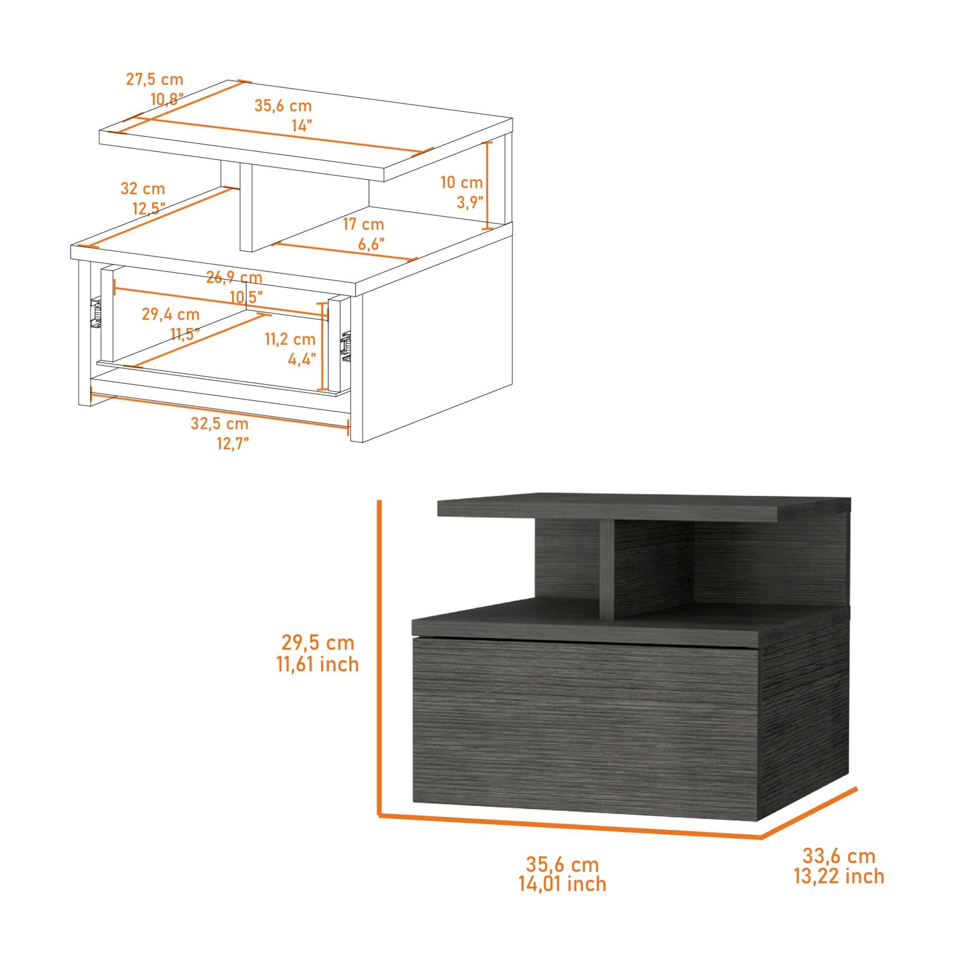 Smokey Oak 2 Tier Shelf Floating Nightstand Gray 1 Drawer Bedroom Floating Shelf Wood