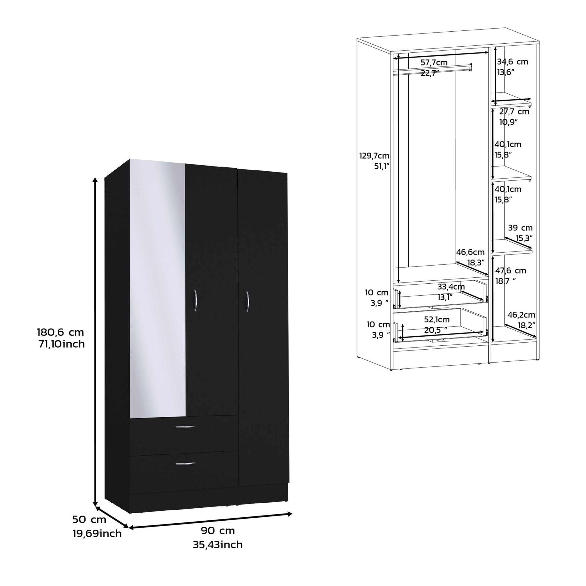 Wardrobe With 3 Doors, One With Mirror, Two Drawers, Four Shelves And Hanging Bar,Black Black Particle Board Particle Board