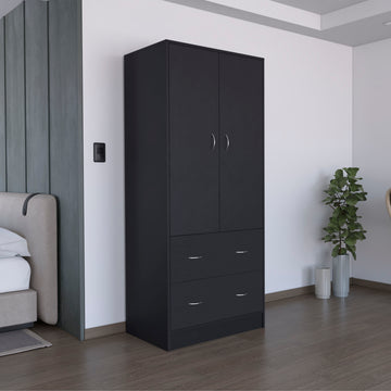 71" H Armoire With Two Doors, Two Drawers, And Hanging Rod,Black Black Particle Board Particle Board