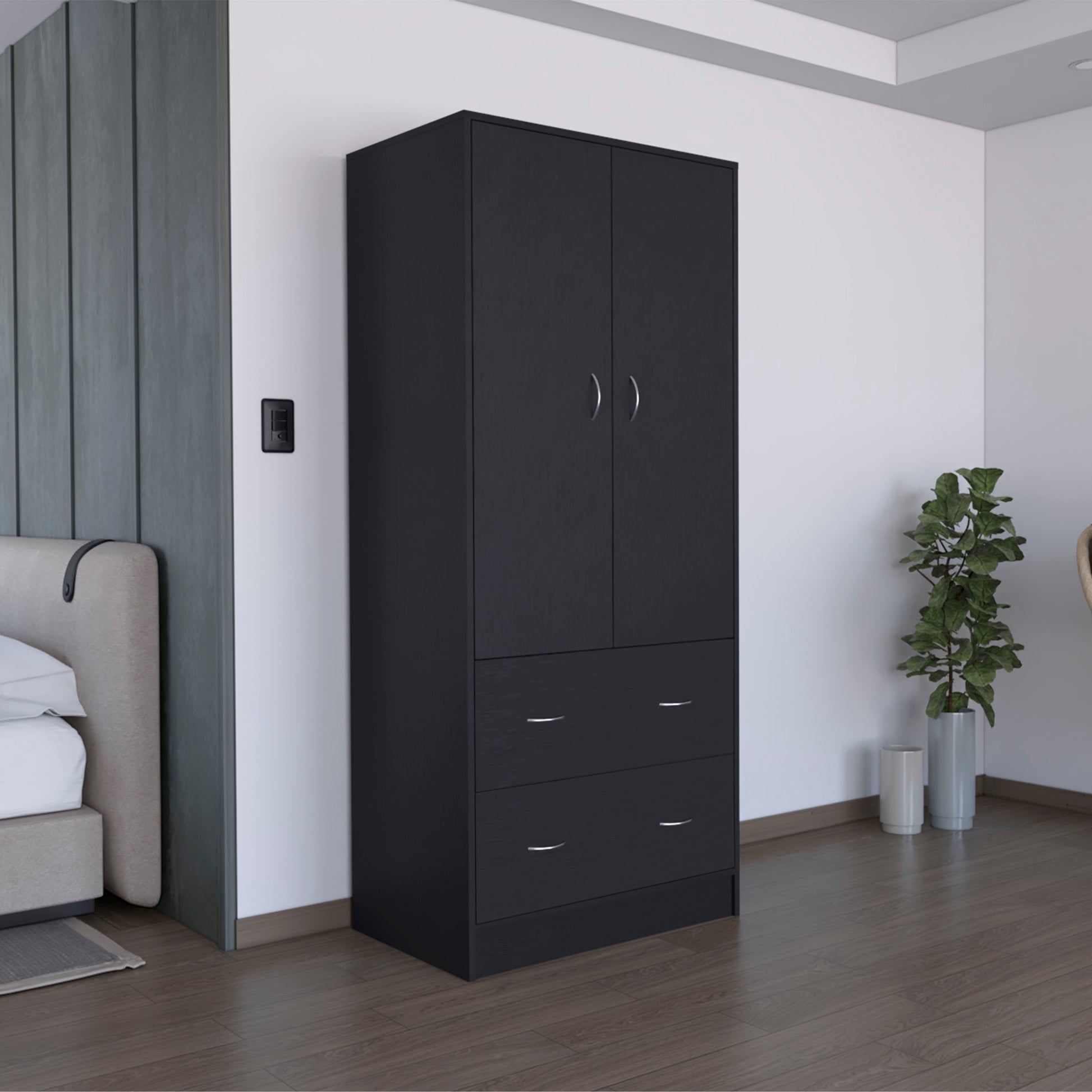 Taly Armoire With Double Doors, 2 Drawers, And Hanging Rod Black Black Particle Board