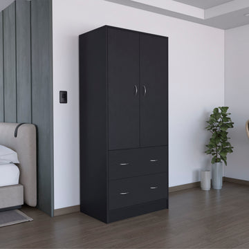 71" H Armoire With Two Doors, Two Drawers, And Hanging Rod,Black Black Particle Board Particle Board