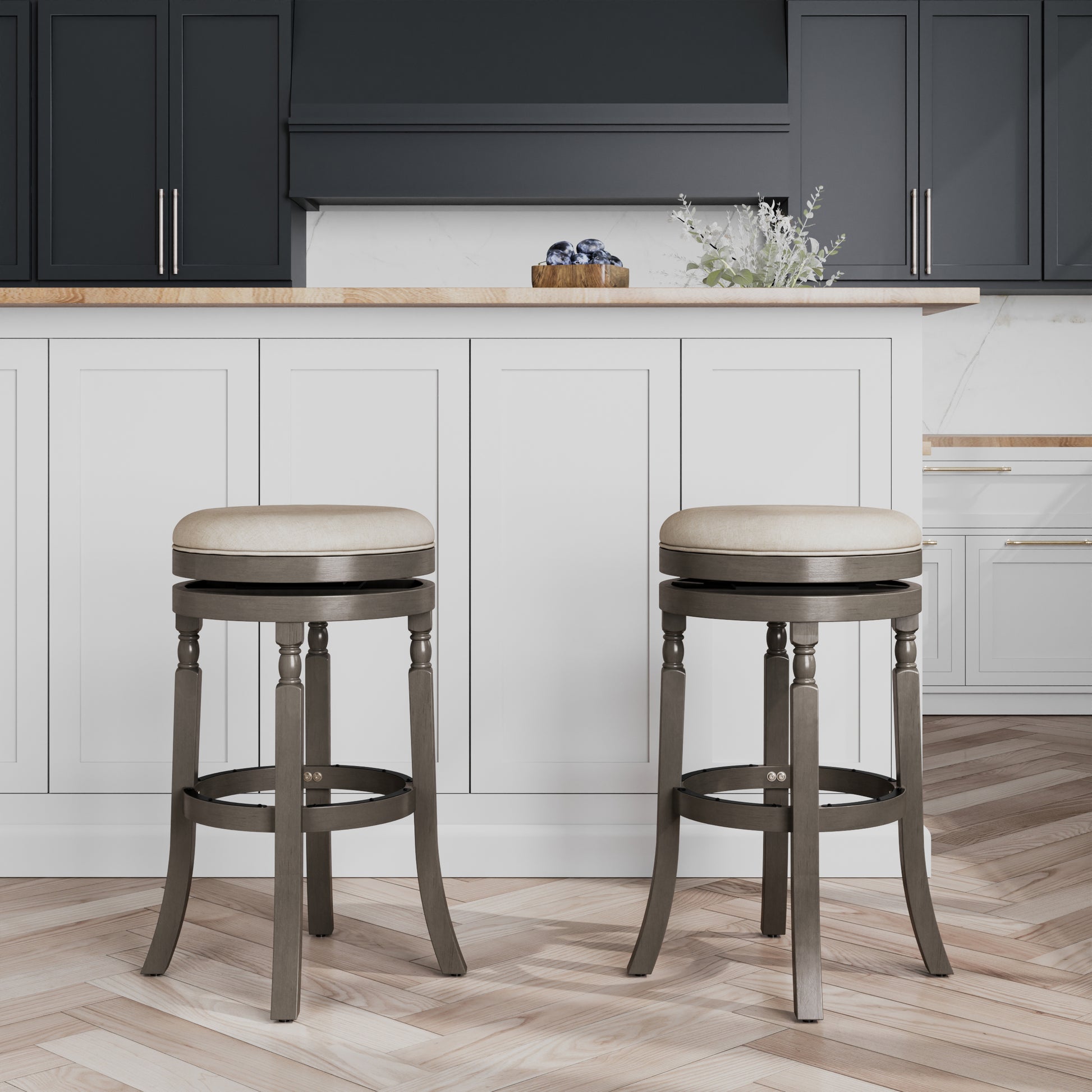 30" Bar Stool, Weathered Gray Finish, Beige Fabric Seat Gray Fabric