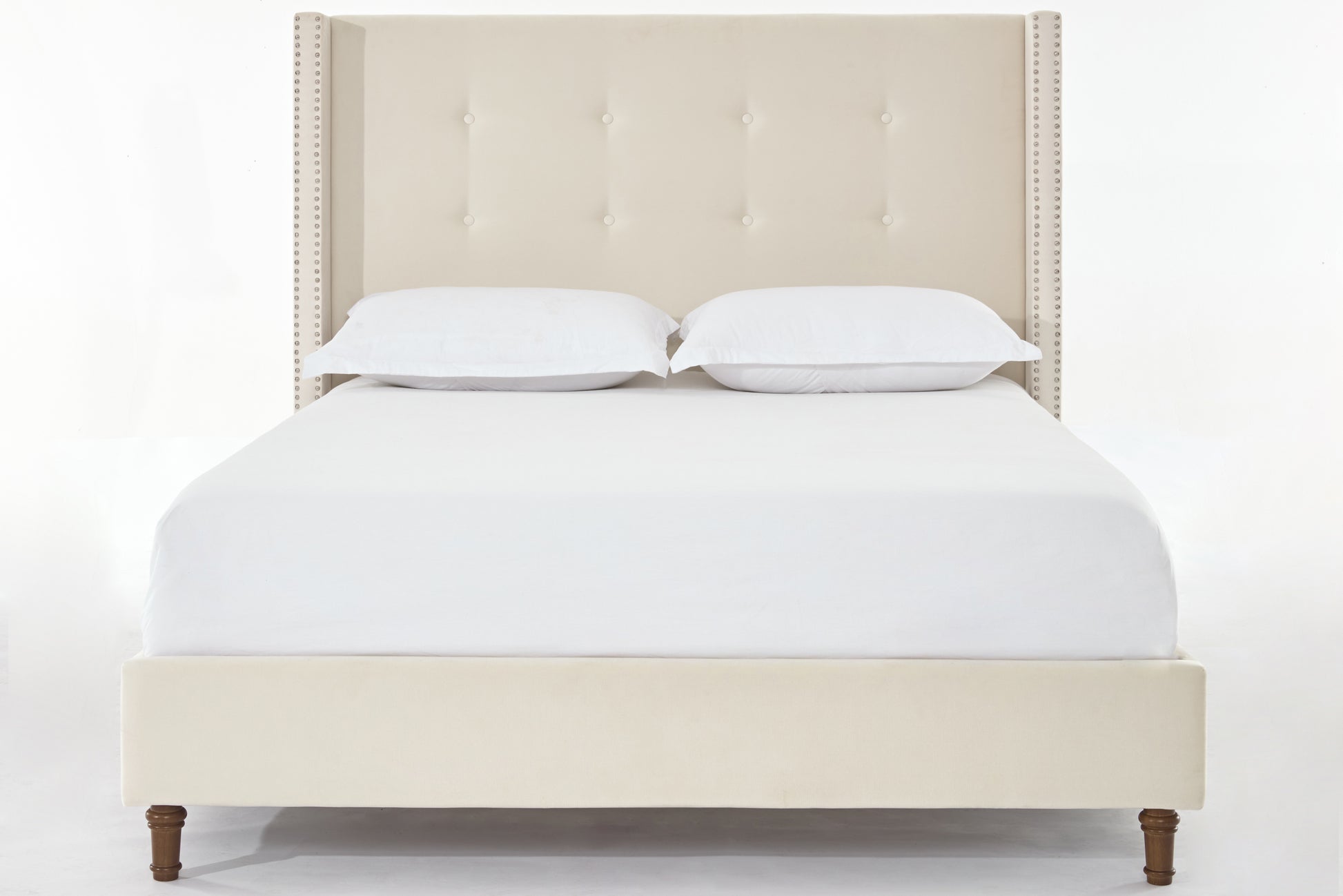 Peyton Upholstered Queen Bed 54" High Headboard Traditional Hand Buttoned Tufting Trim Wingback No Box Spring Needed Easy Assembly Ivory Velvet Box Spring Not Required Queen Ivory Brown Metal Bedroom Classic,European,Modern,Traditional Oak Bed Frame Foam