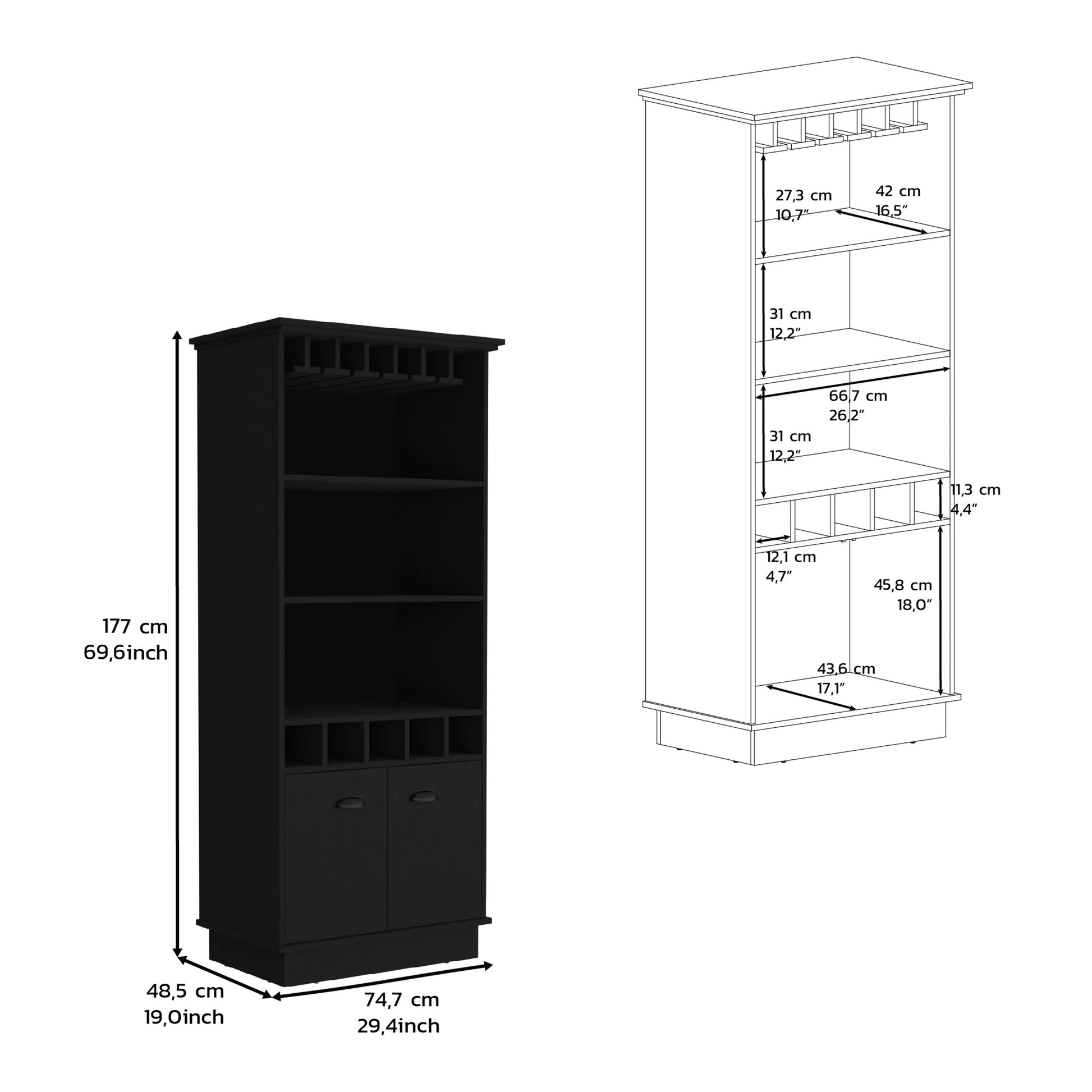 Dundee 70 Inch High 10 Glass Bar Cabinet With 5 Cubbies And 3 Open Shelves And Cabinet Black Black Kitchen Modern Particle Board