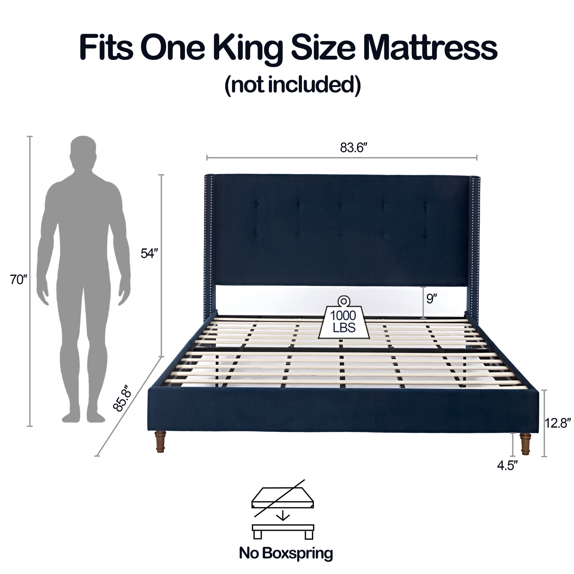 Peyton Upholstered King Bed 54" High Headboard Traditional Hand Buttoned Tufting Trim Wingback No Box Spring Needed Easy Assembly Blue Velvet Box Spring Not Required King Blue Brown Metal Bedroom Classic,European,Modern,Traditional Oak Bed Frame Foam