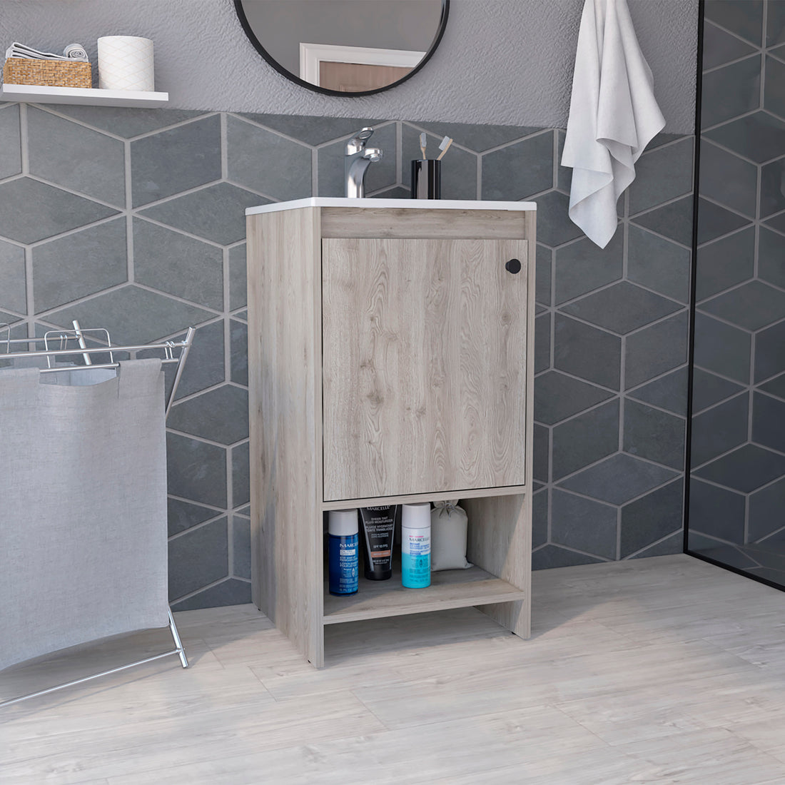 Jane Bathroom Vanity, Single Door Cabinet, Two Shelves Light Gray Gray Bathroom Modern Particle Board Particle Board