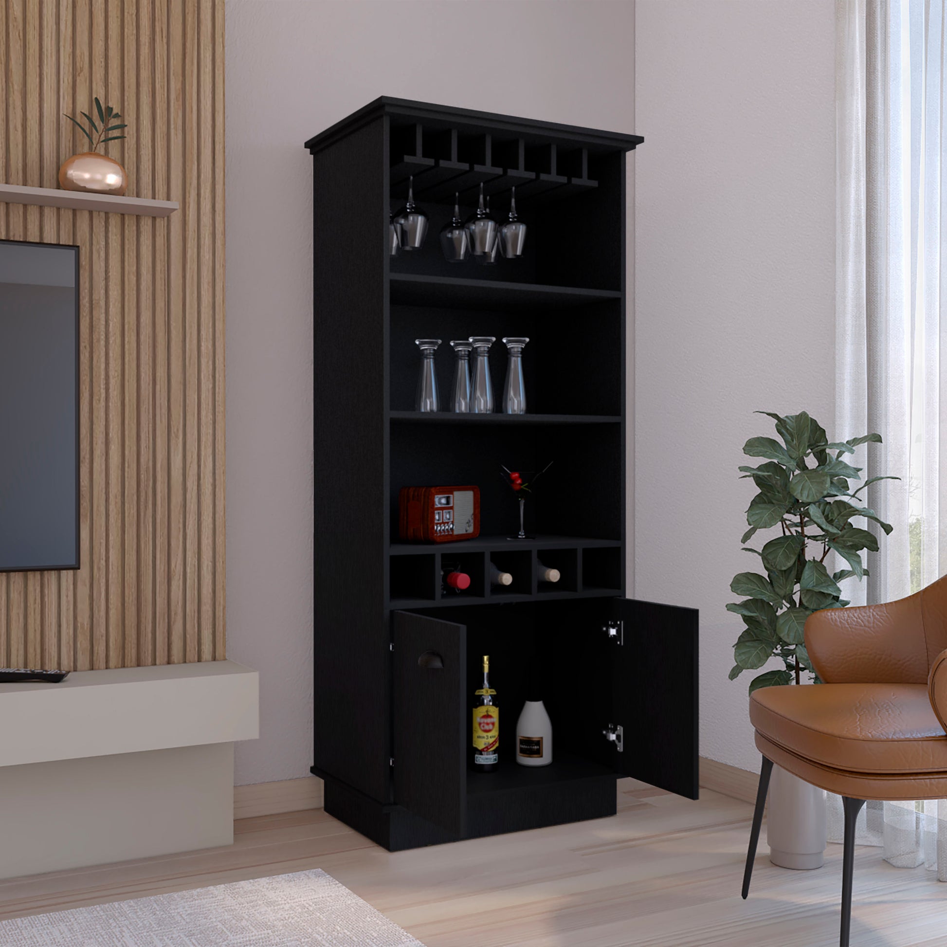 Dundee 70 Inch High 10 Glass Bar Cabinet With 5 Cubbies And 3 Open Shelves And Cabinet Black Black Kitchen Modern Particle Board