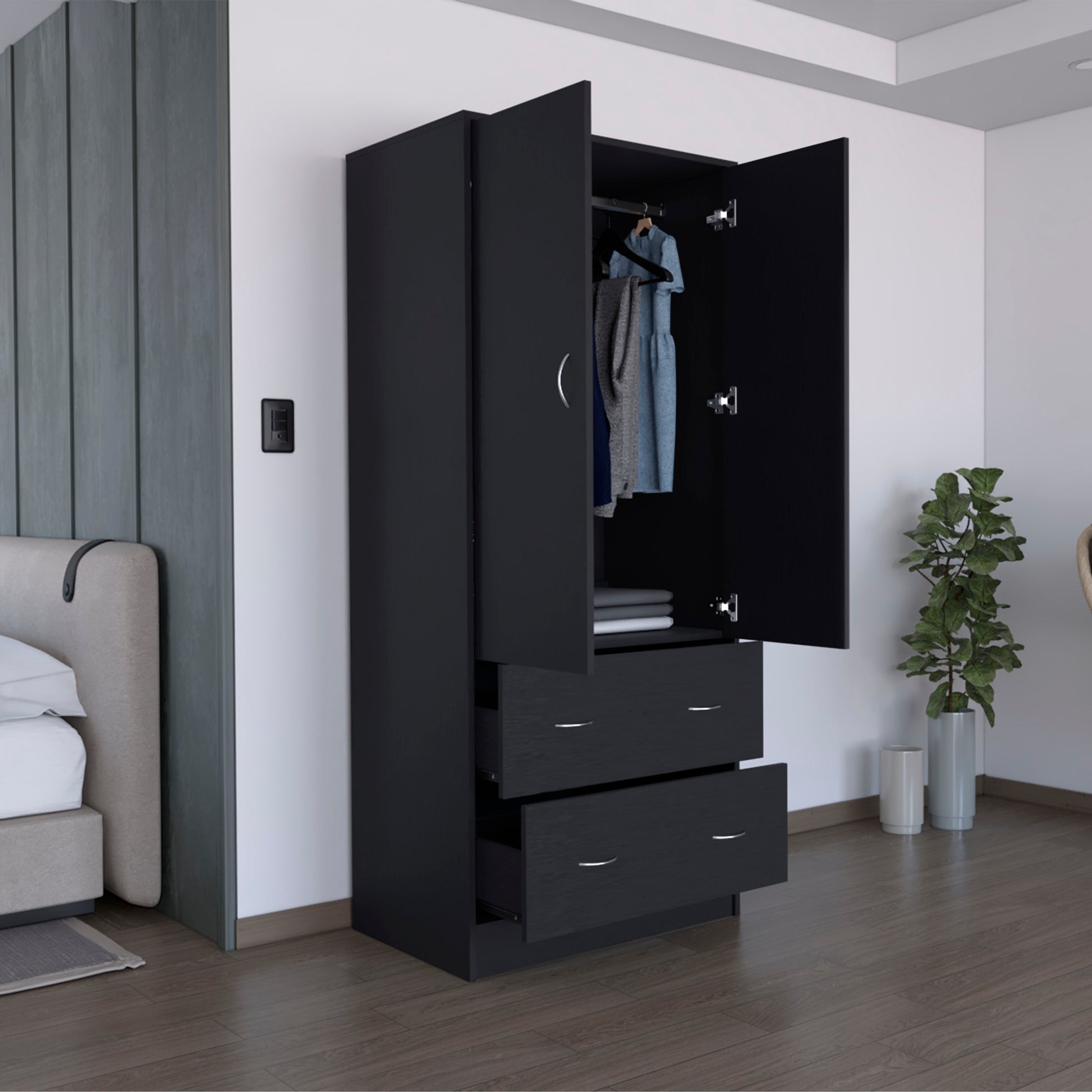 Taly Armoire With Double Doors, 2 Drawers, And Hanging Rod Black Black Particle Board