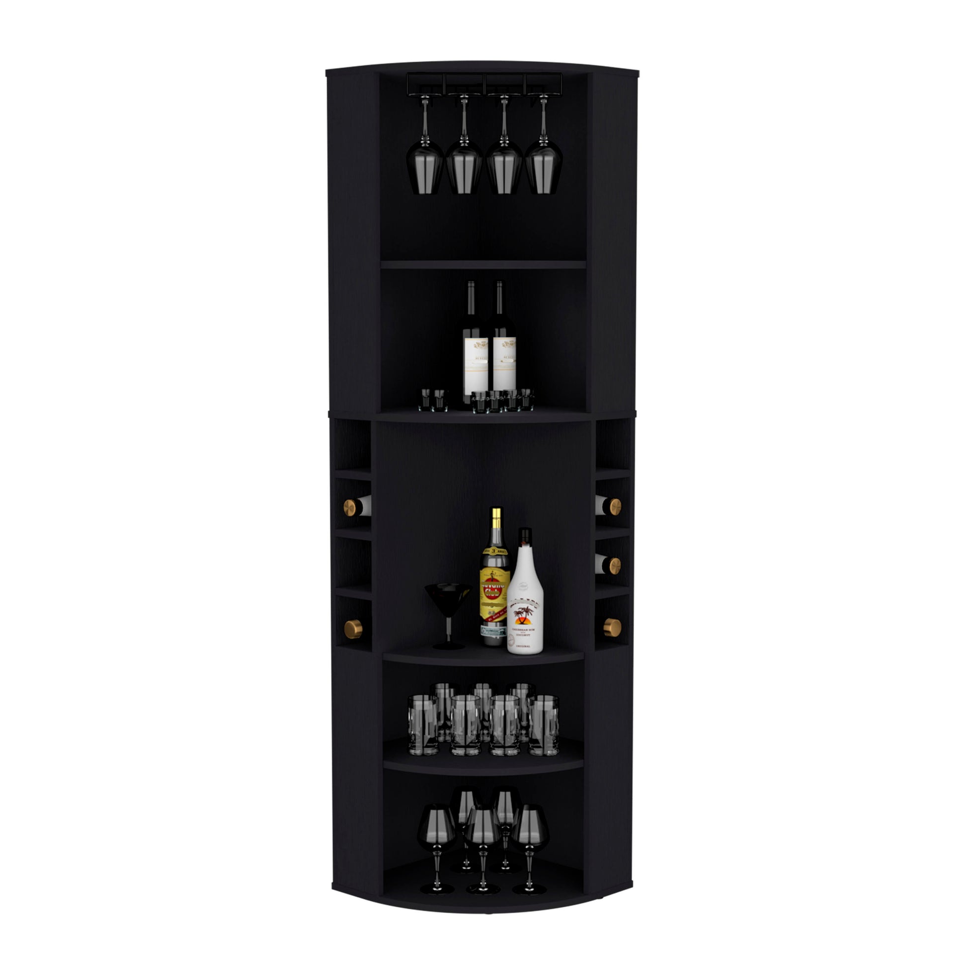 71" Corner Bar Cabinet With Five Shelves, Eight Bottle Cubbies And Stemware,Black Black Kitchen Modern Particle Board Particle Board