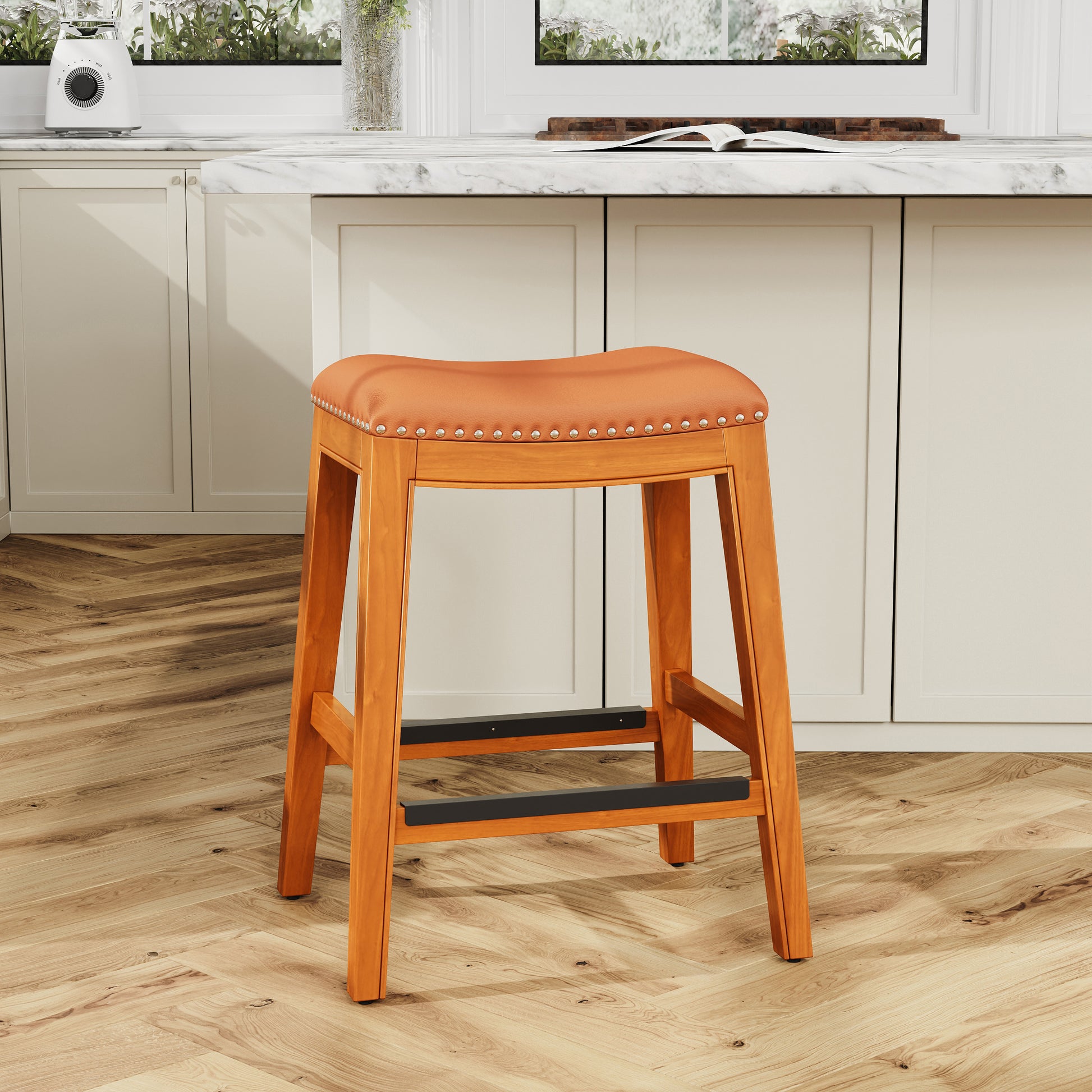24" Counter Stool, Natural Finish, Saddle Leather Seat Natural Bonded Leather