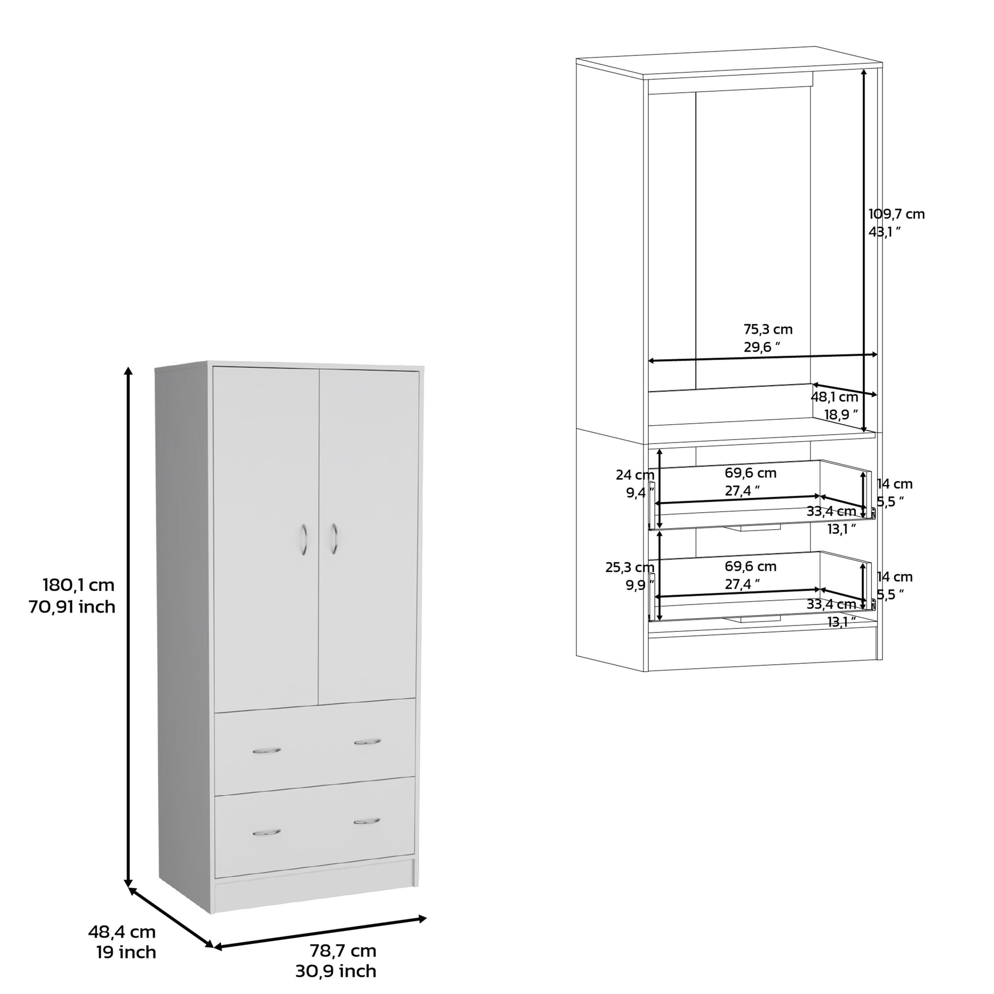 Taly Armoire With Double Doors, 2 Drawers, And Hanging Rod White White Particle Board