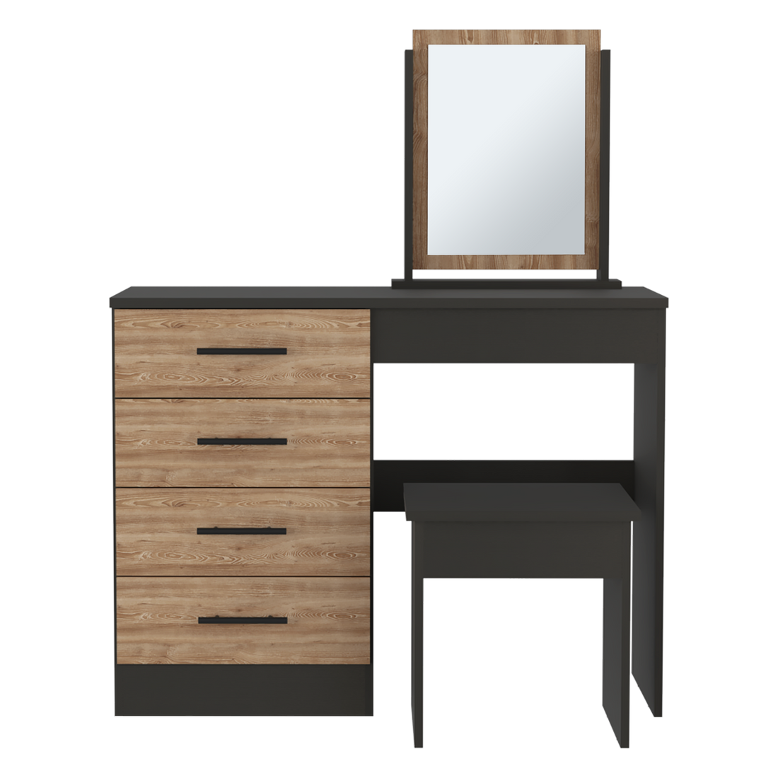 Kaia Makeup Vanity, Four Drawers, One Mirror, Stool Black Pine Multicolor Drawer 4 Drawers Bedroom Shelf Modern Mirror Included Particle Board Particle Board