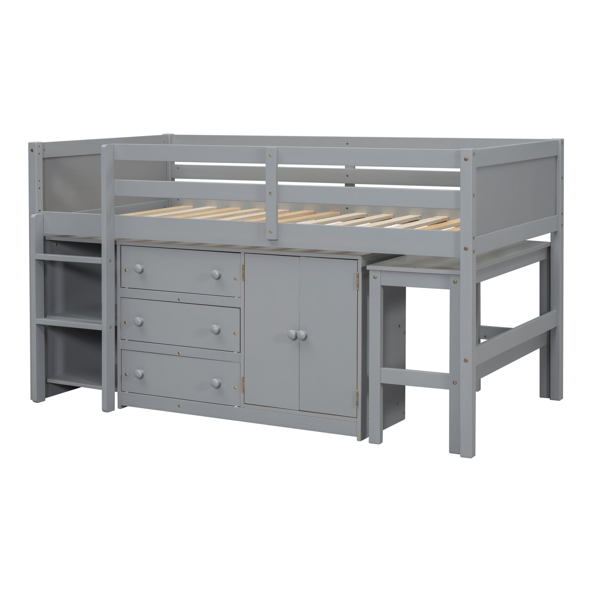 Twin Size Low Loft Bed With Pull Out Desk, Drawers, Cabinet, And Shelves For Grey Color Box Spring Not Required Twin Grey Bedroom Pine