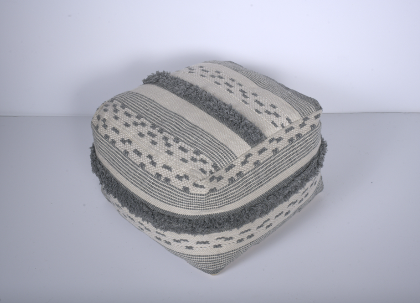 Karim Faux Yarn Large Pouf, Ivory Grey Ivory Grey Fabric