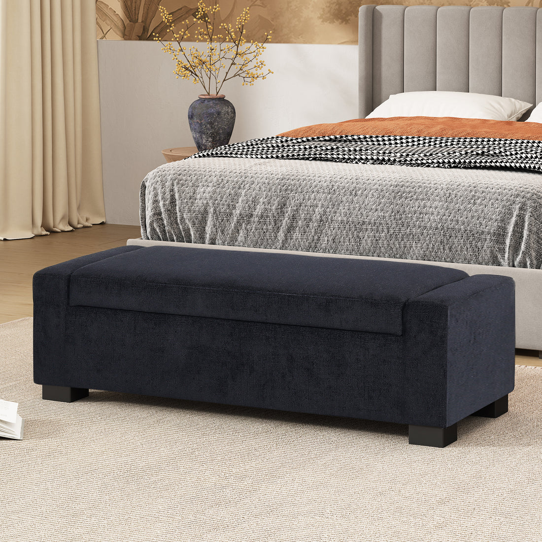 Storage Ottoman Dark Blue Fabric