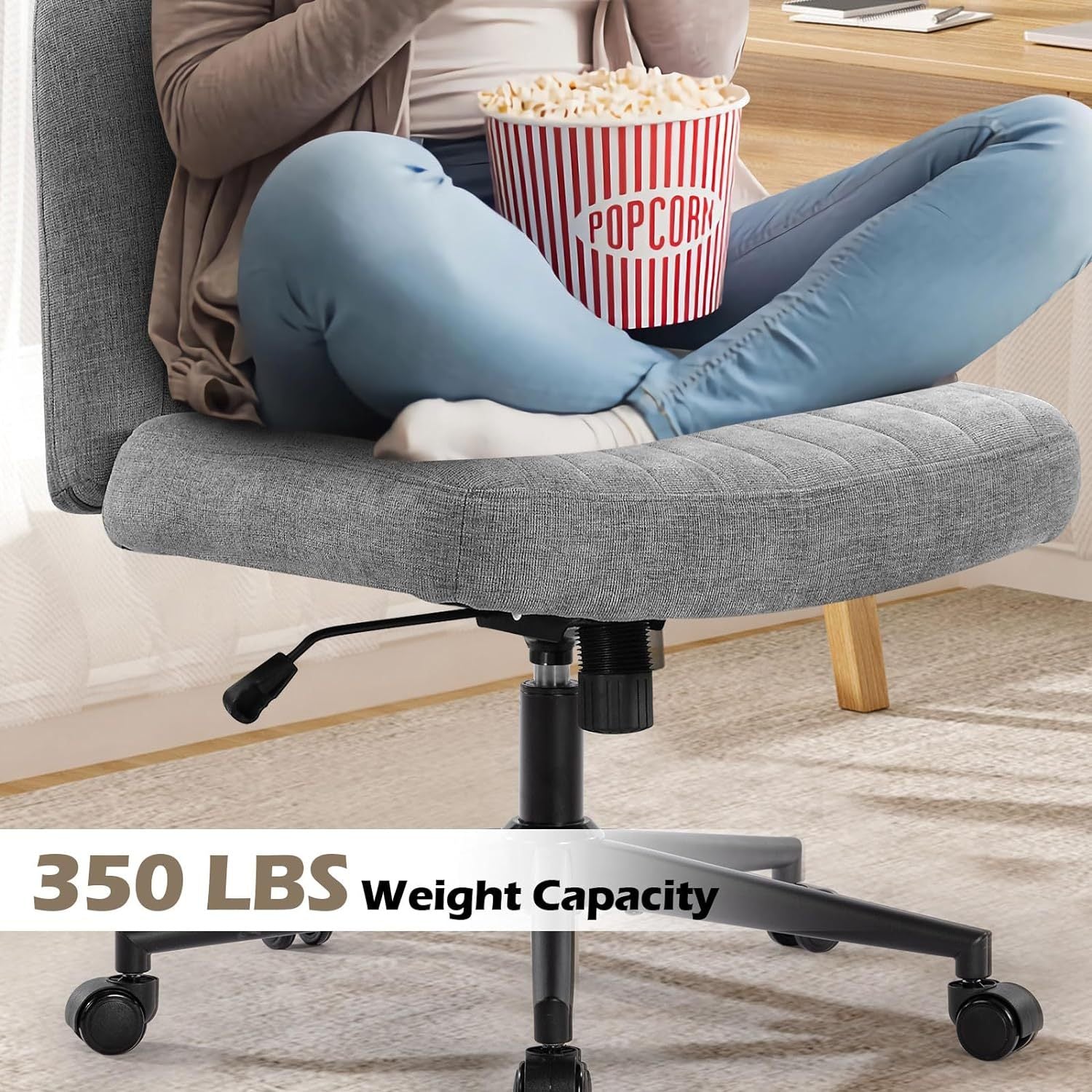 Office Chair With Wheels, Armless Office Chair, Linen Wide Seat Home Office Chair, Cute Computer Chair With 15 Swing Backrest, Suitable For Bedrooms And Dressing Tables Wood Grey Handle Linen