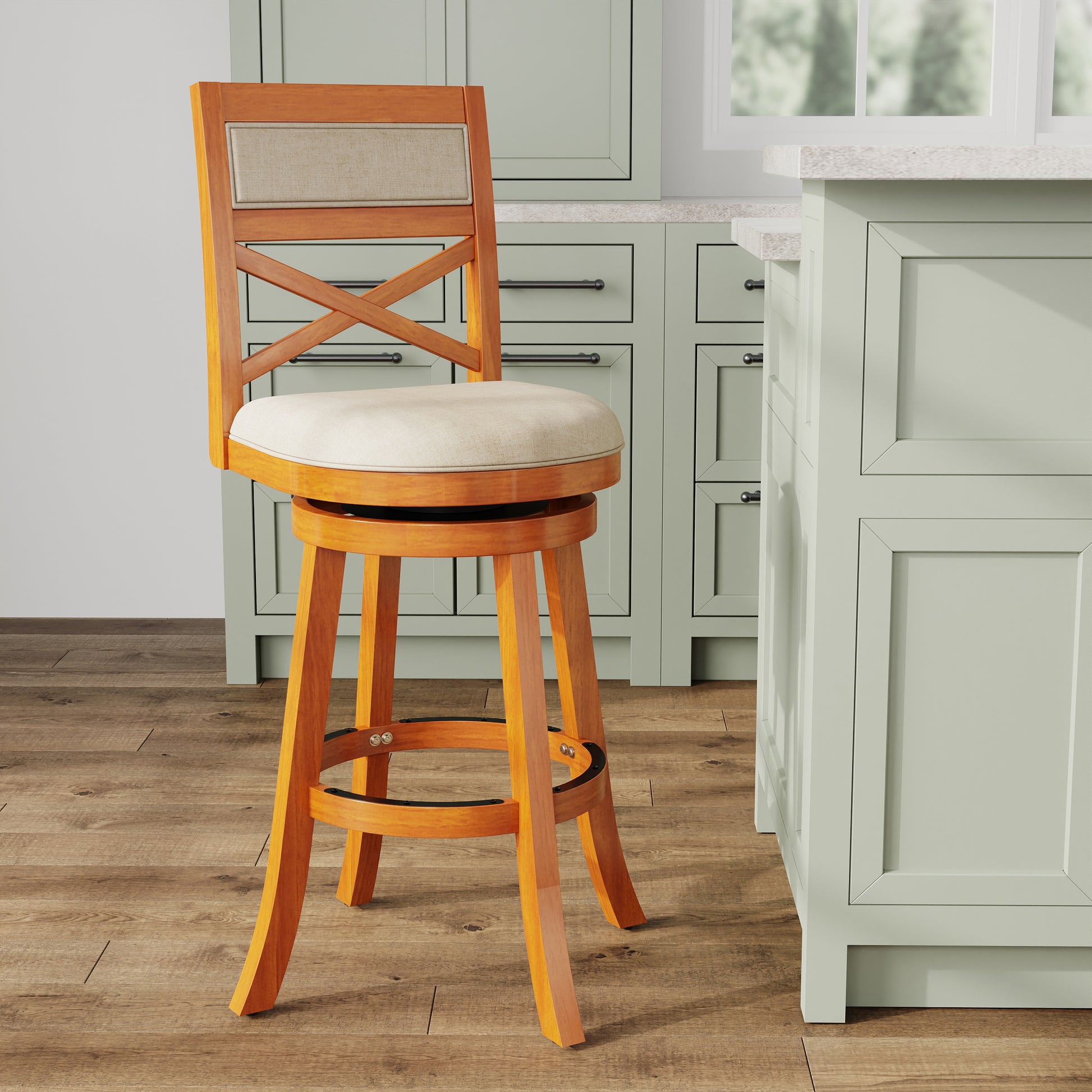 30" Bar Height X Back Swivel Stool, Natural Finish, Beige Fabric Seat Natural Fabric