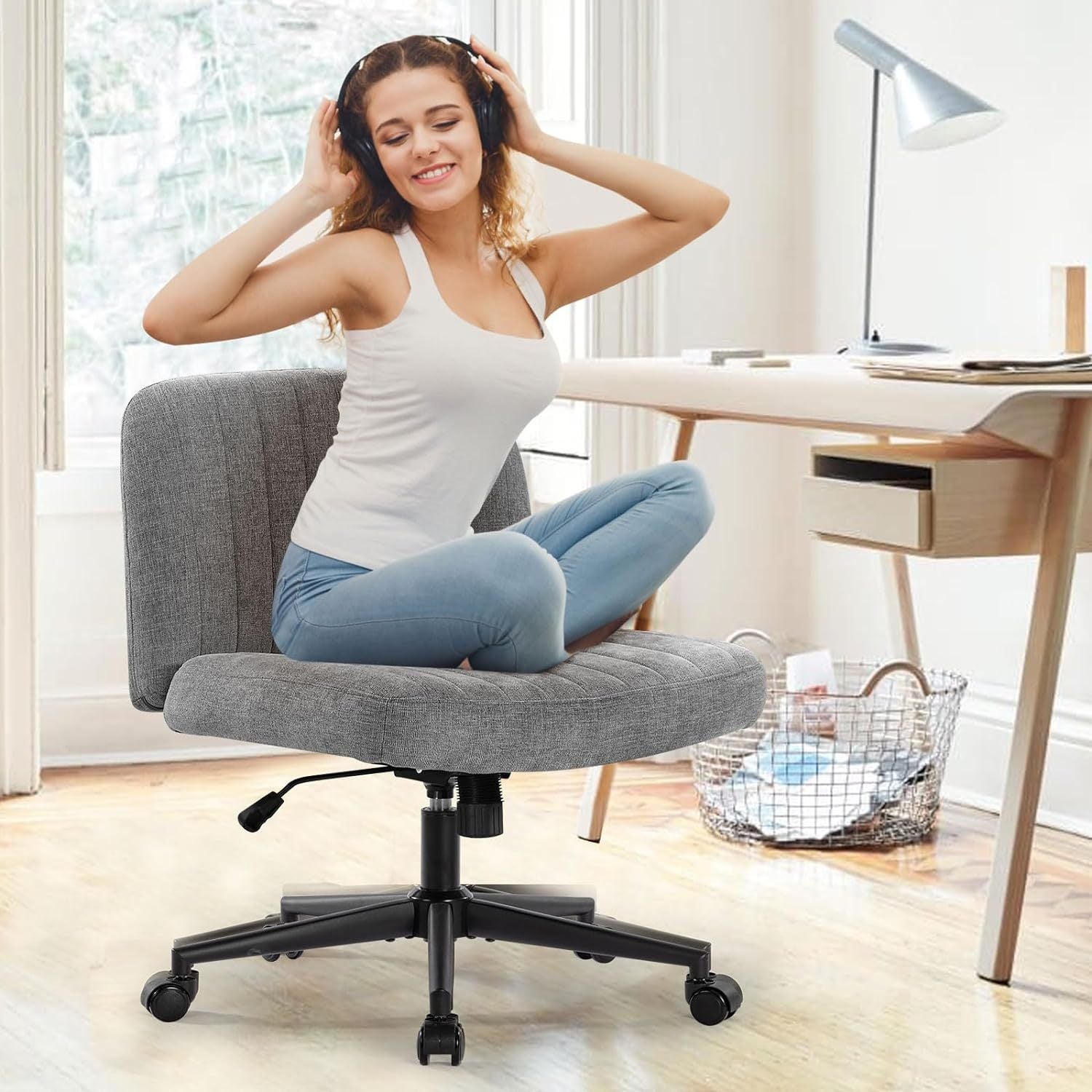 Office Chair With Wheels, Armless Office Chair, Linen Wide Seat Home Office Chair, Cute Computer Chair With 15 Swing Backrest, Suitable For Bedrooms And Dressing Tables Wood Grey Handle Linen