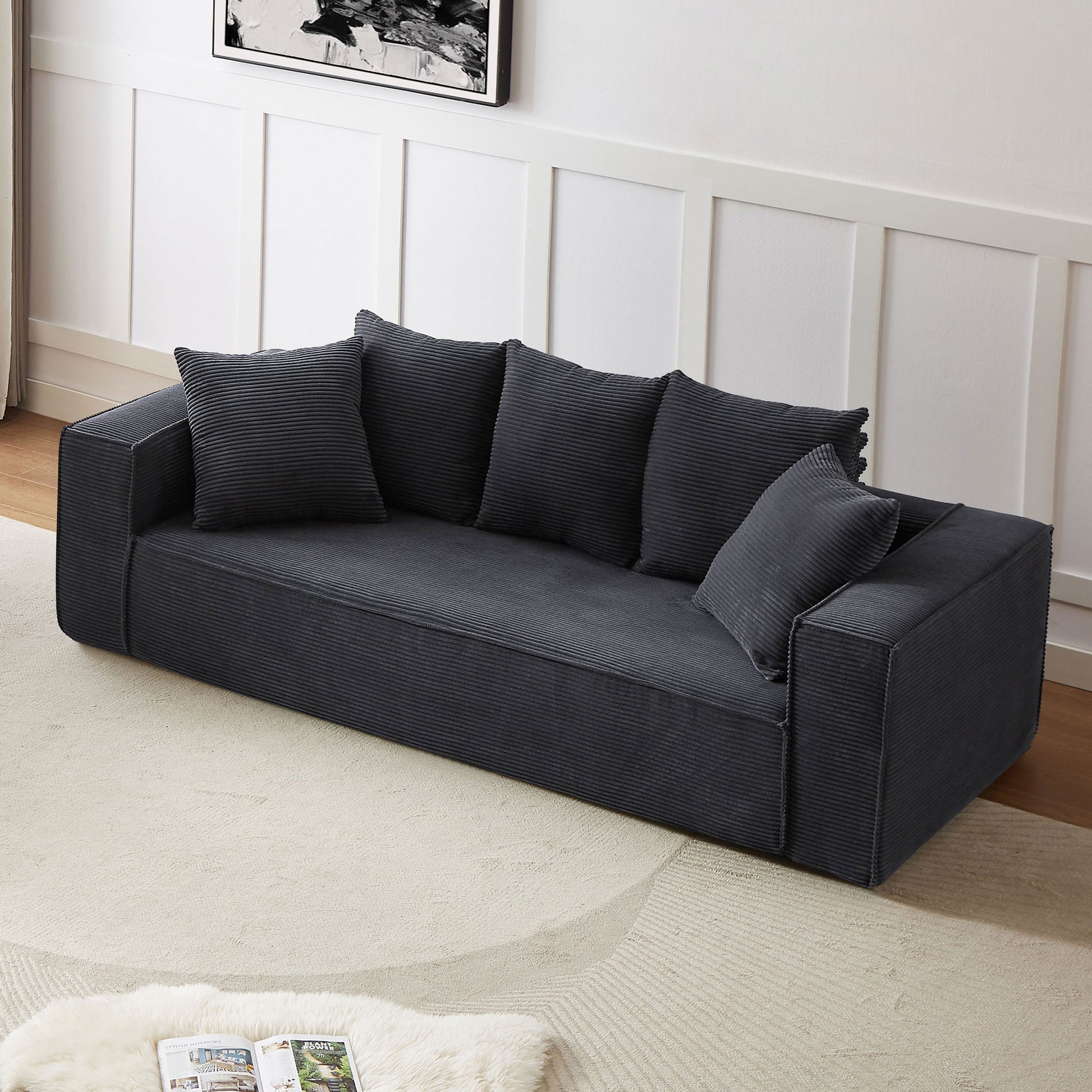 88.97 Inch Soft Corduroy Upholstery Streamlined Design Sofa With 5 Pillows, Large And Cozy 3 Seater Couch For Modern Spaces For Living Room,Office Black Black Corduroy 3 Seat