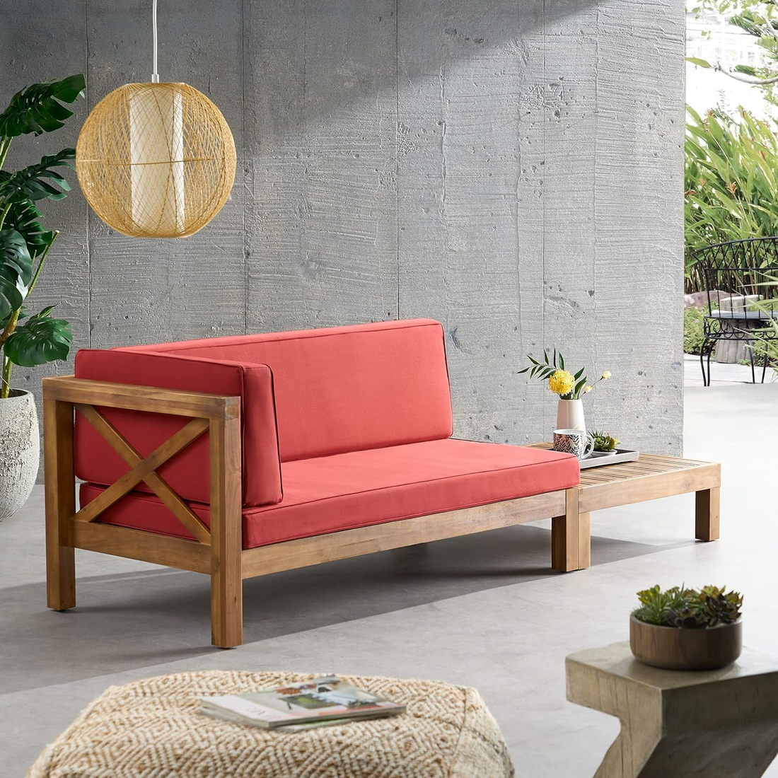 Brava X Back Corner Bench L With Coffee Table, Red Red Acacia Wood