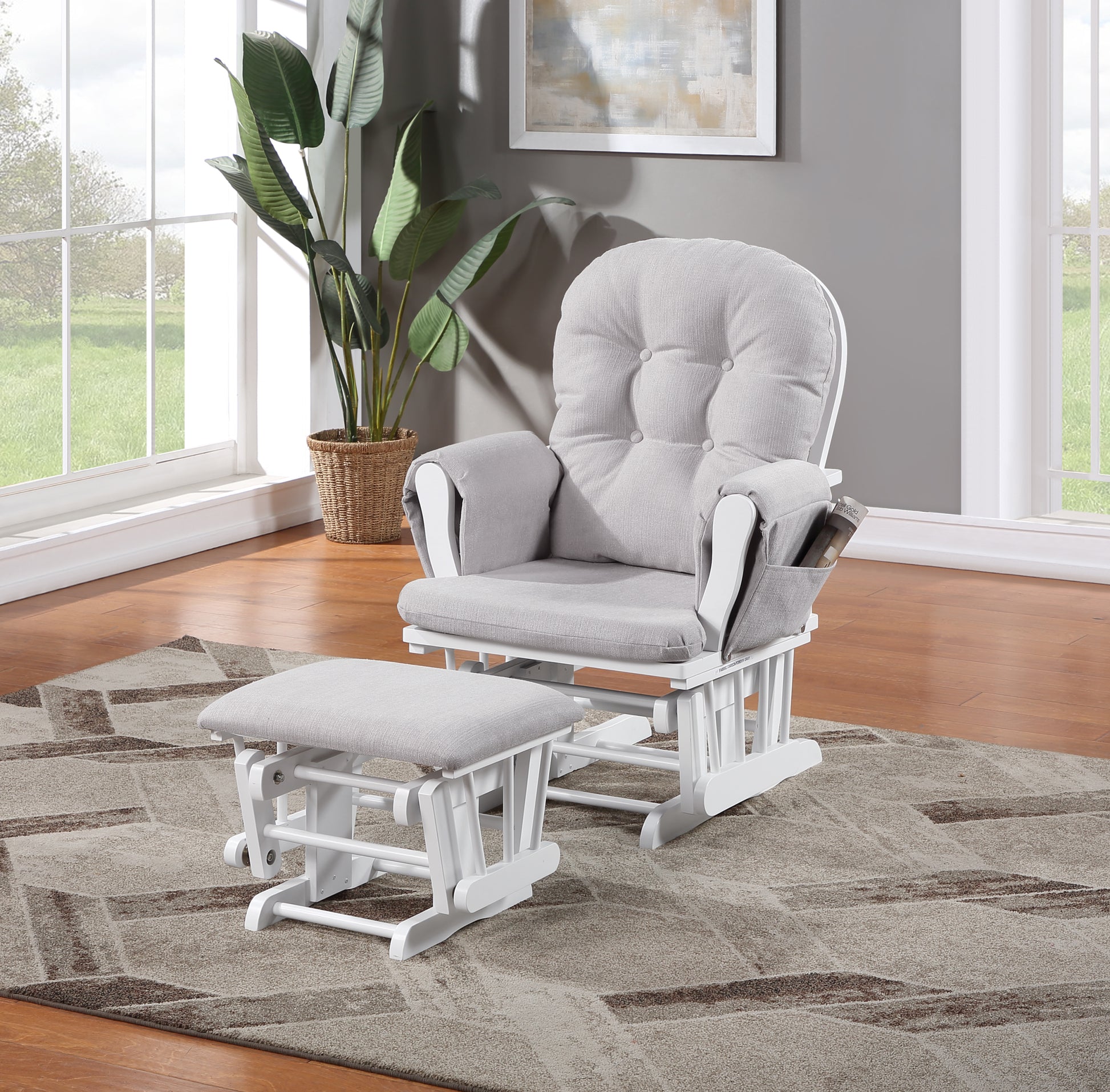 Mason Glider And Ottoman White Wood And Woven Gray Fabric Gray Polyester Wood Fabric